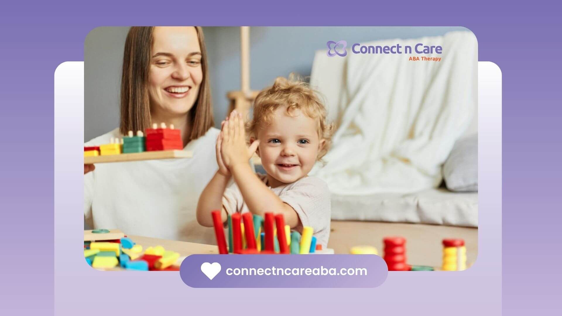 Toddler clapping while playing with wooden toys in ABA therapy.