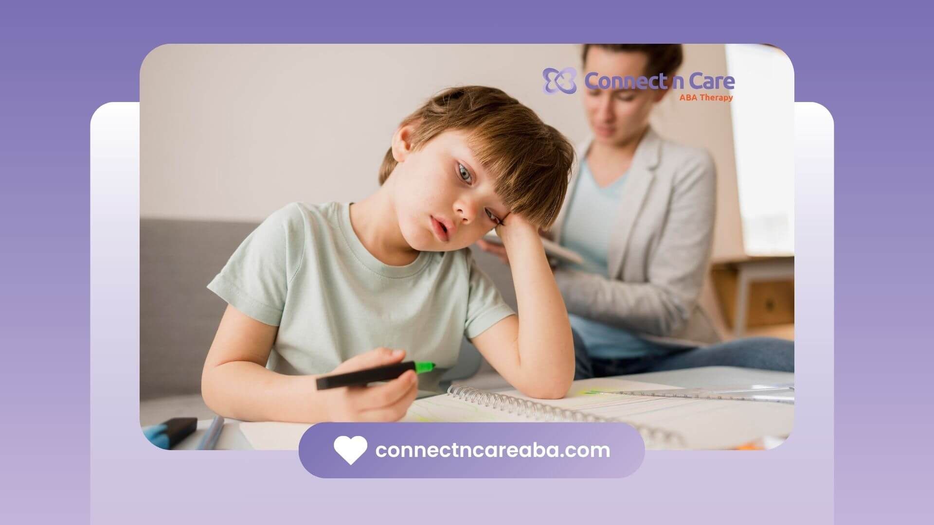 An autistic boy looks frustrated, resting his head on his hand while coloring with a green marker.