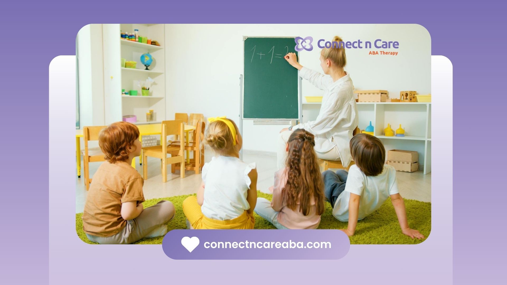 Autistic children sitting on a rug listening to an RBT discuss math during ABA therapy in a daycare.