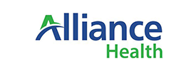 The alliance healthcare logo is blue and green on a white background.