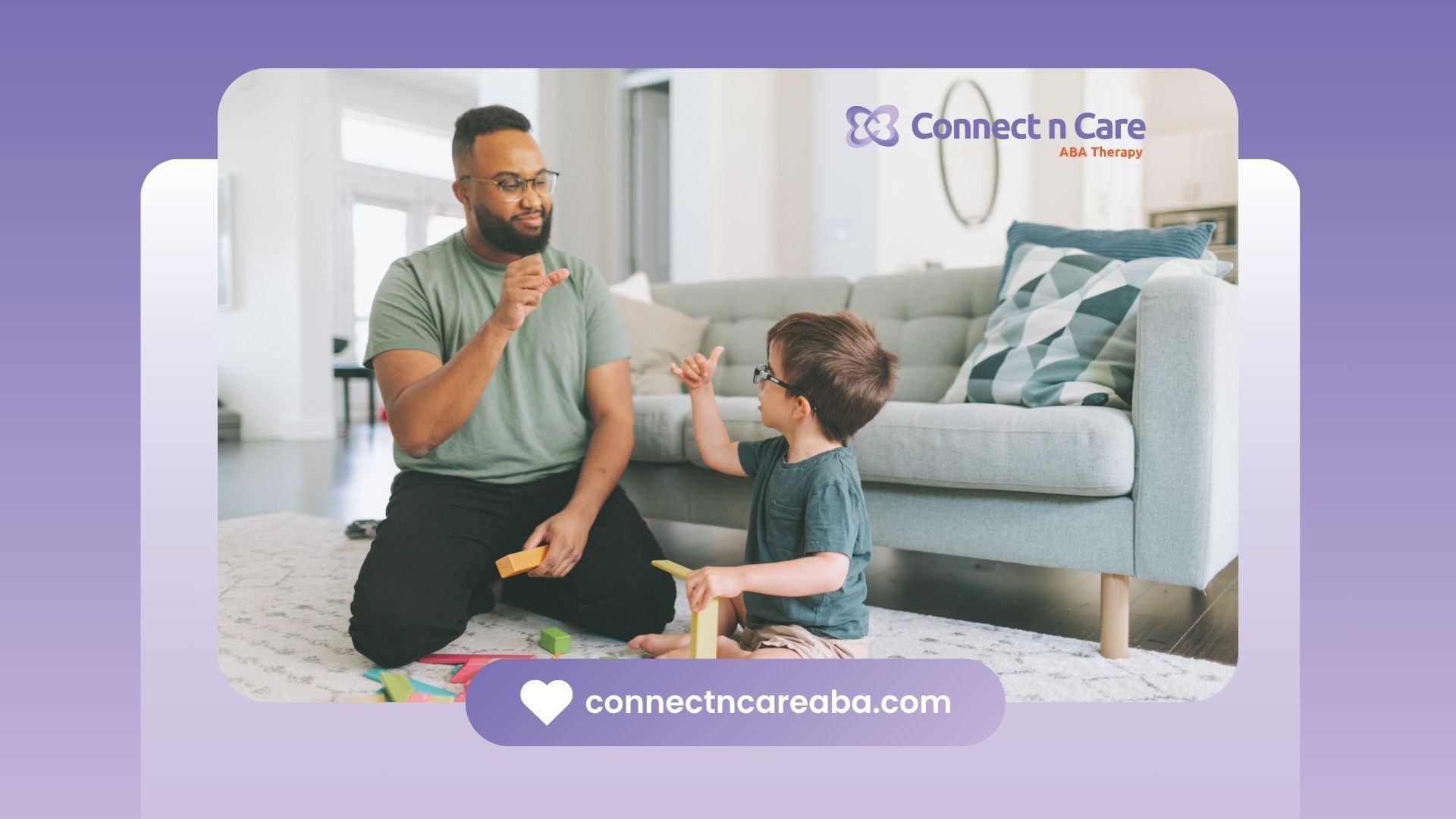 A man and a boy are playing with toys on the floor in a living room.
