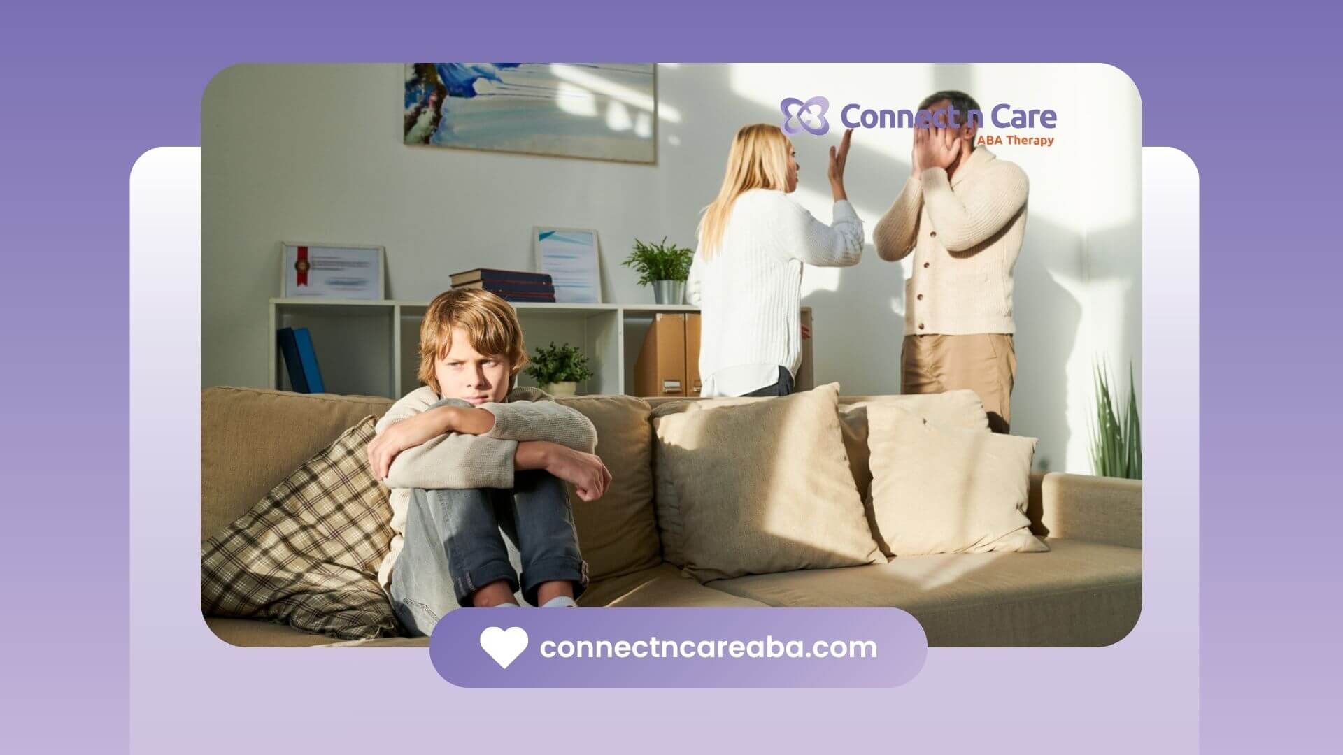 Child on couch watches parents argue in living room.