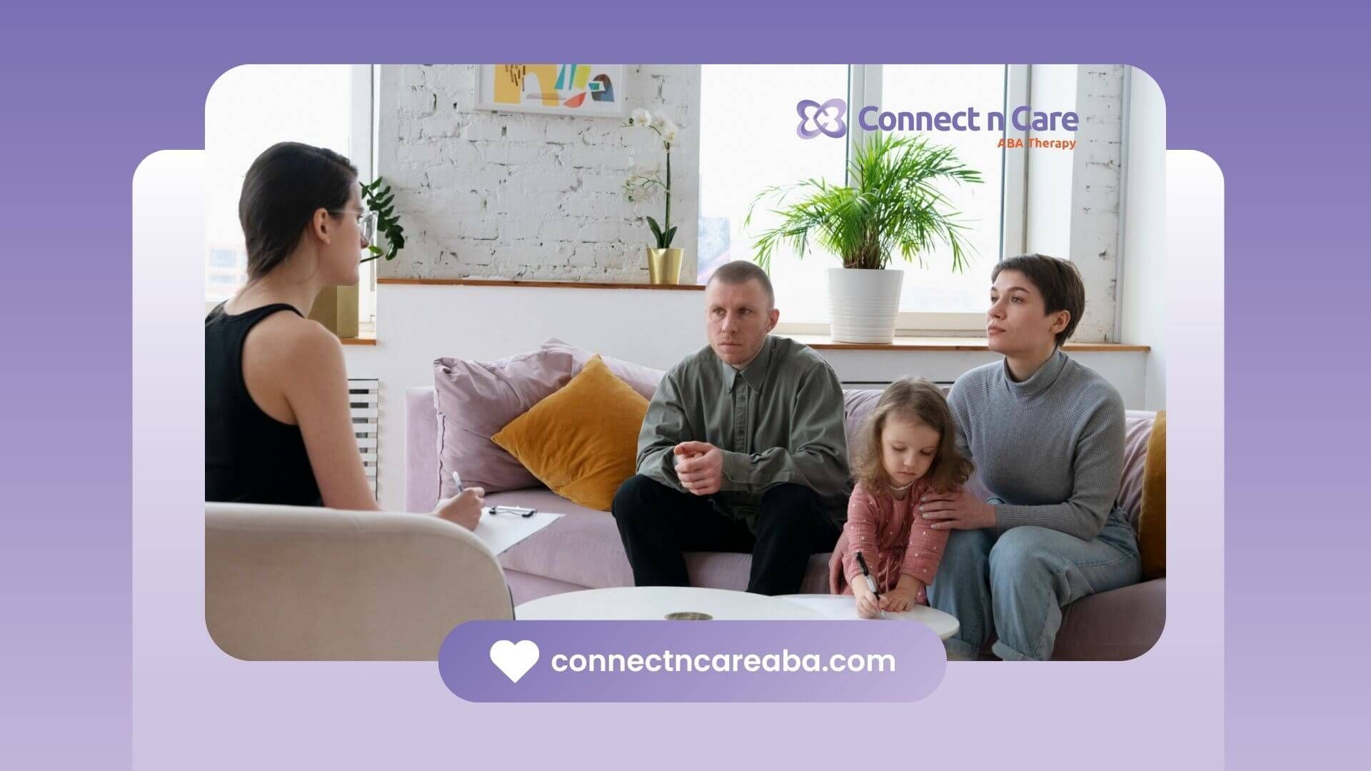 ABA therapist meeting with parents and child in living room setting.