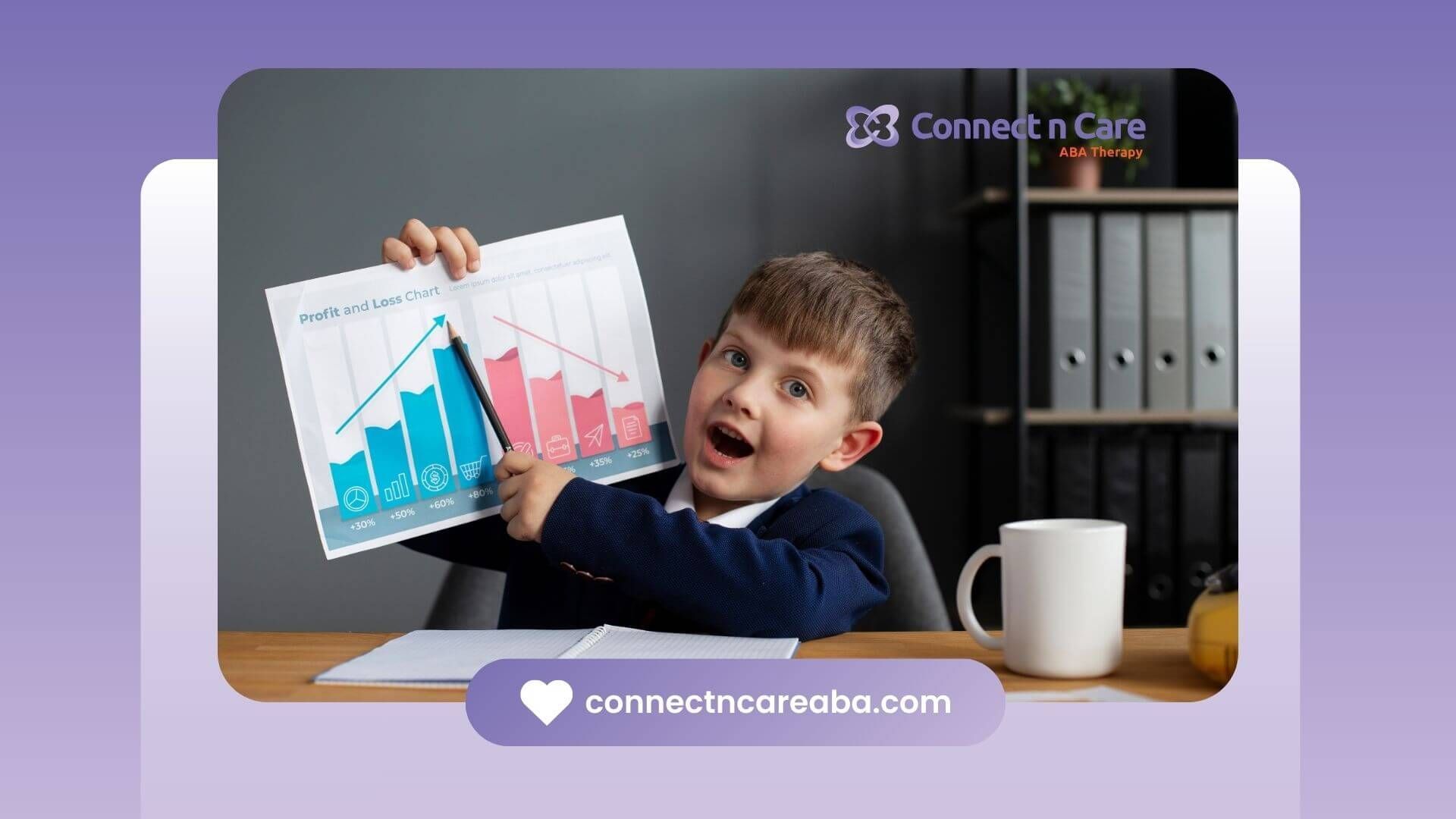 Young autistic boy presenting a profit and loss chart with a pencil in his hand during ABA therapy.