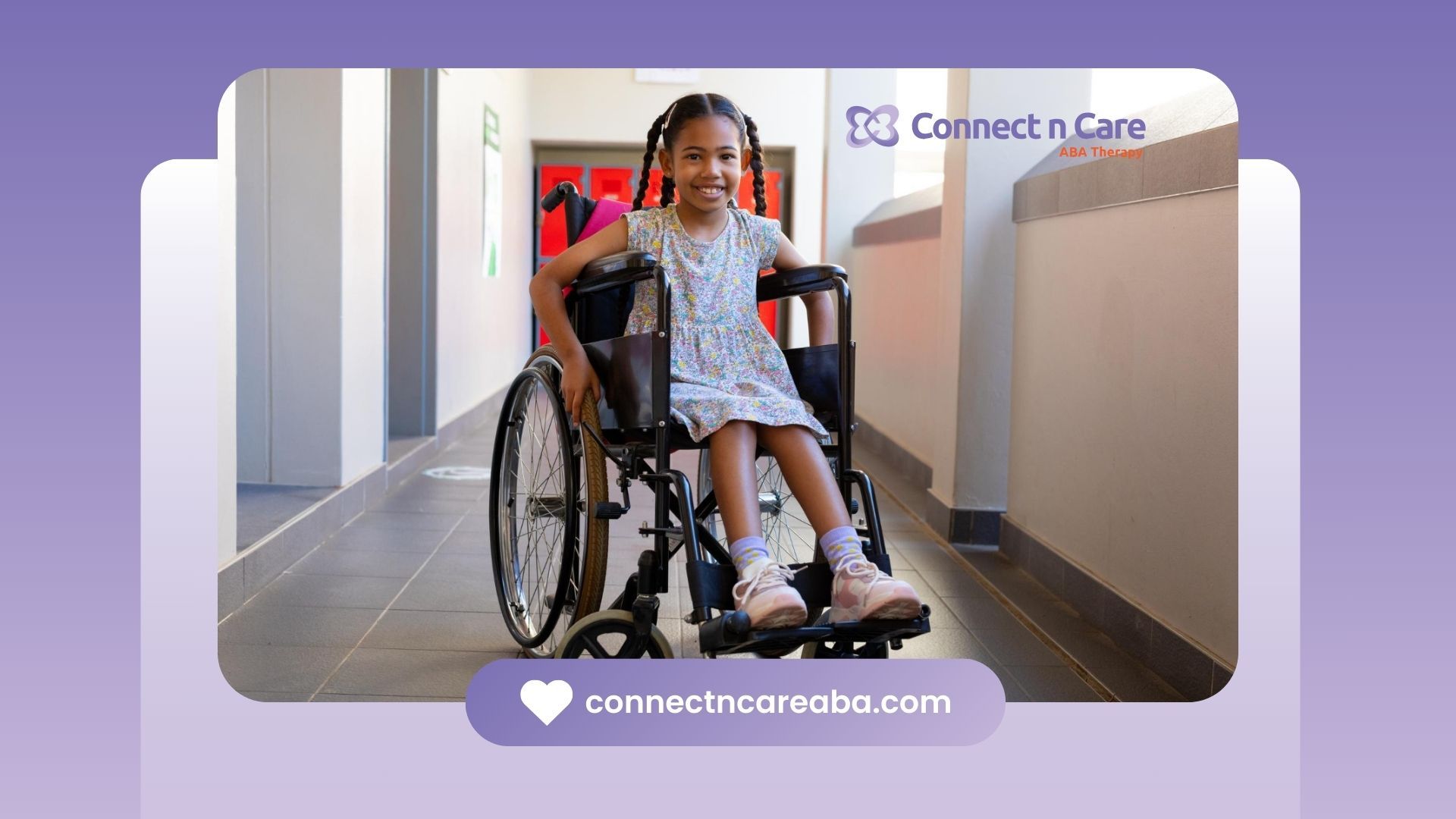 A young girl in a wheelchair is walking down a hallway.