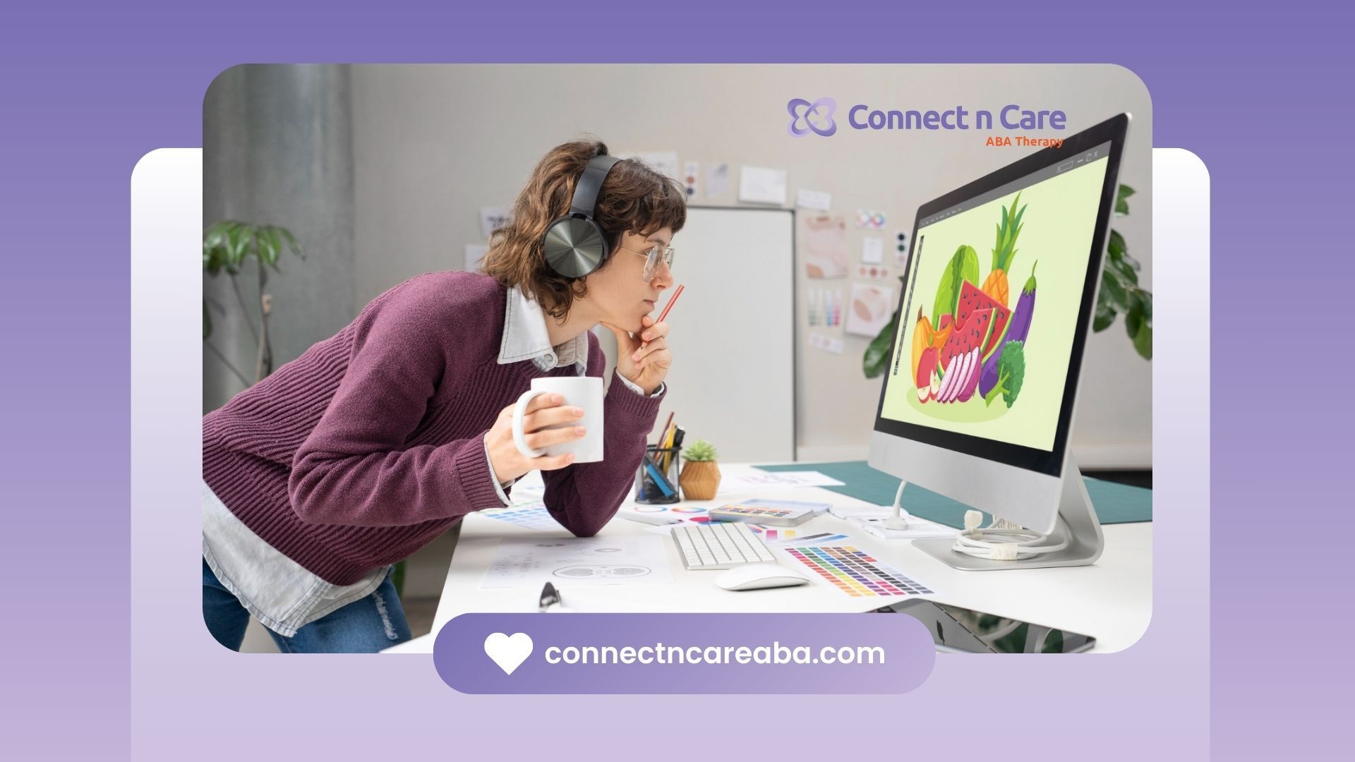 An autistic woman wearing headphones is looking at a computer screen.