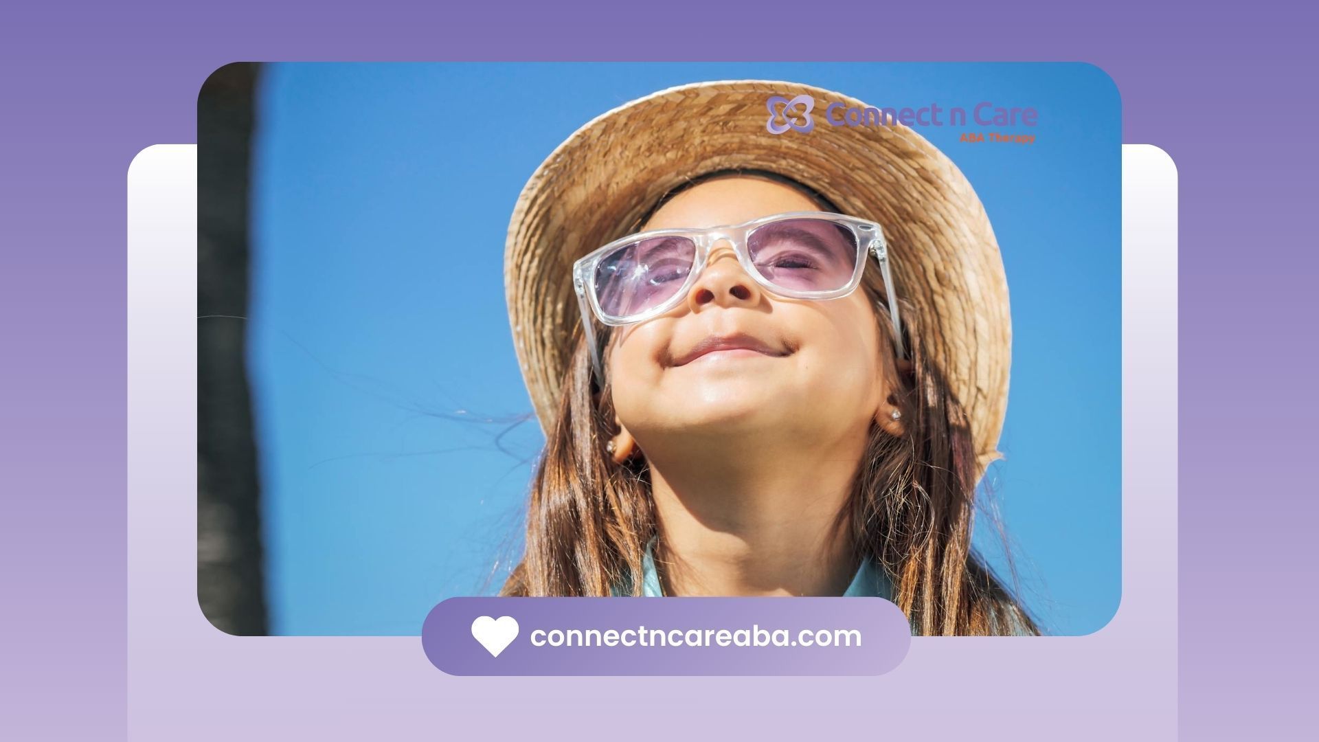 An autistic girl in hat and sunglasses smiling under blue sky during ABA therapy in North Carolina.