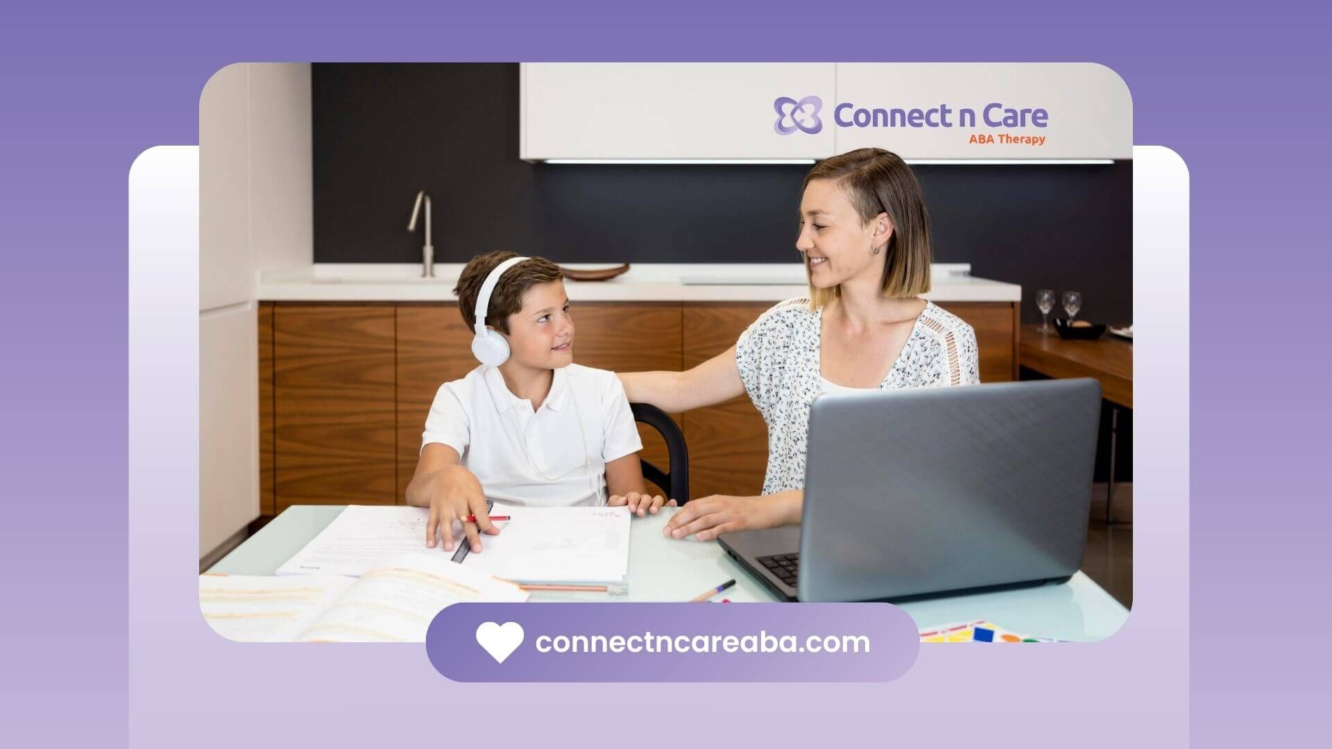 An autistic boy in headphones working on schoolwork, with a teacher assisting him during therapy.