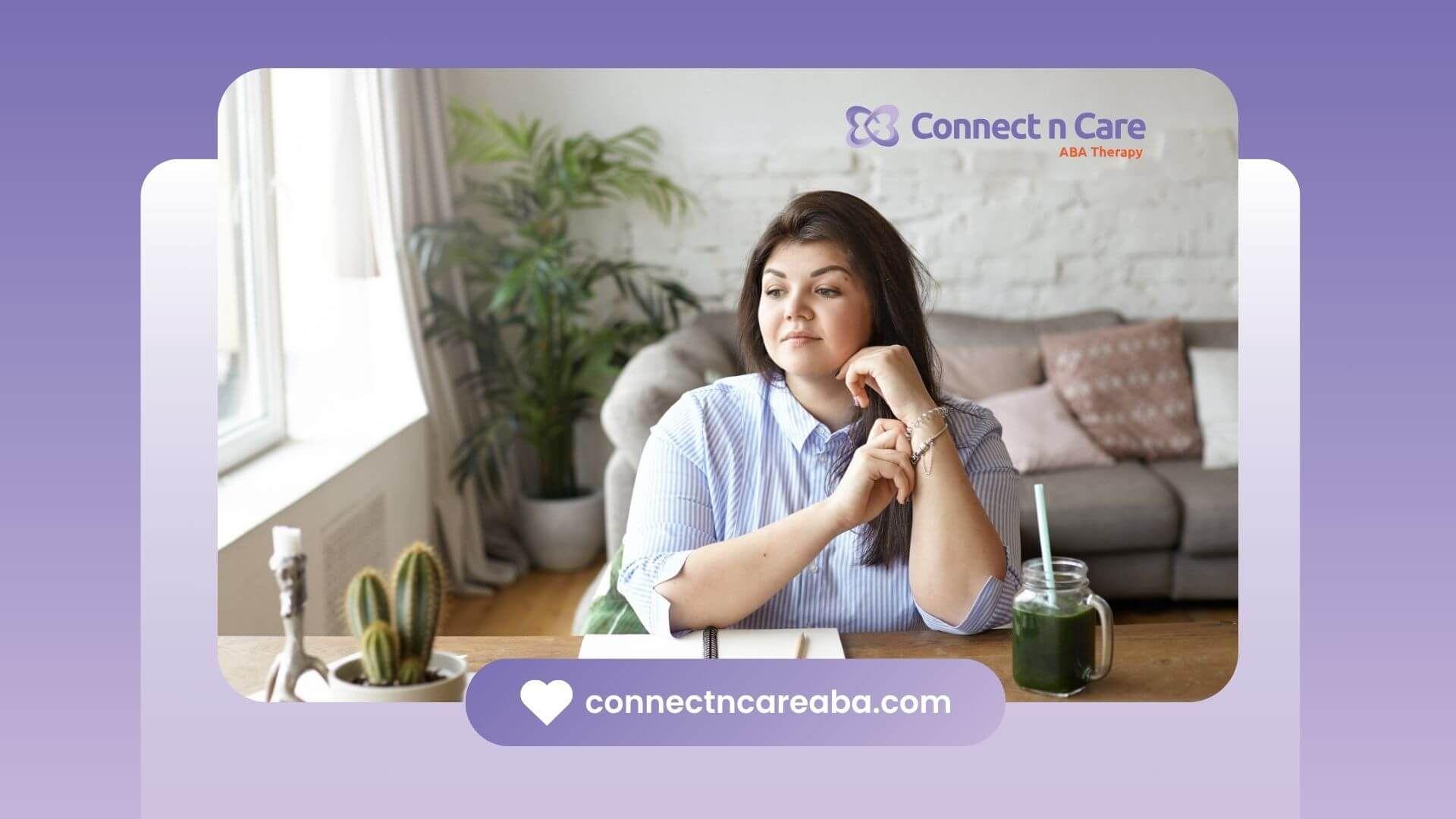 A woman with autism is sitting on a couch looking out a window.
