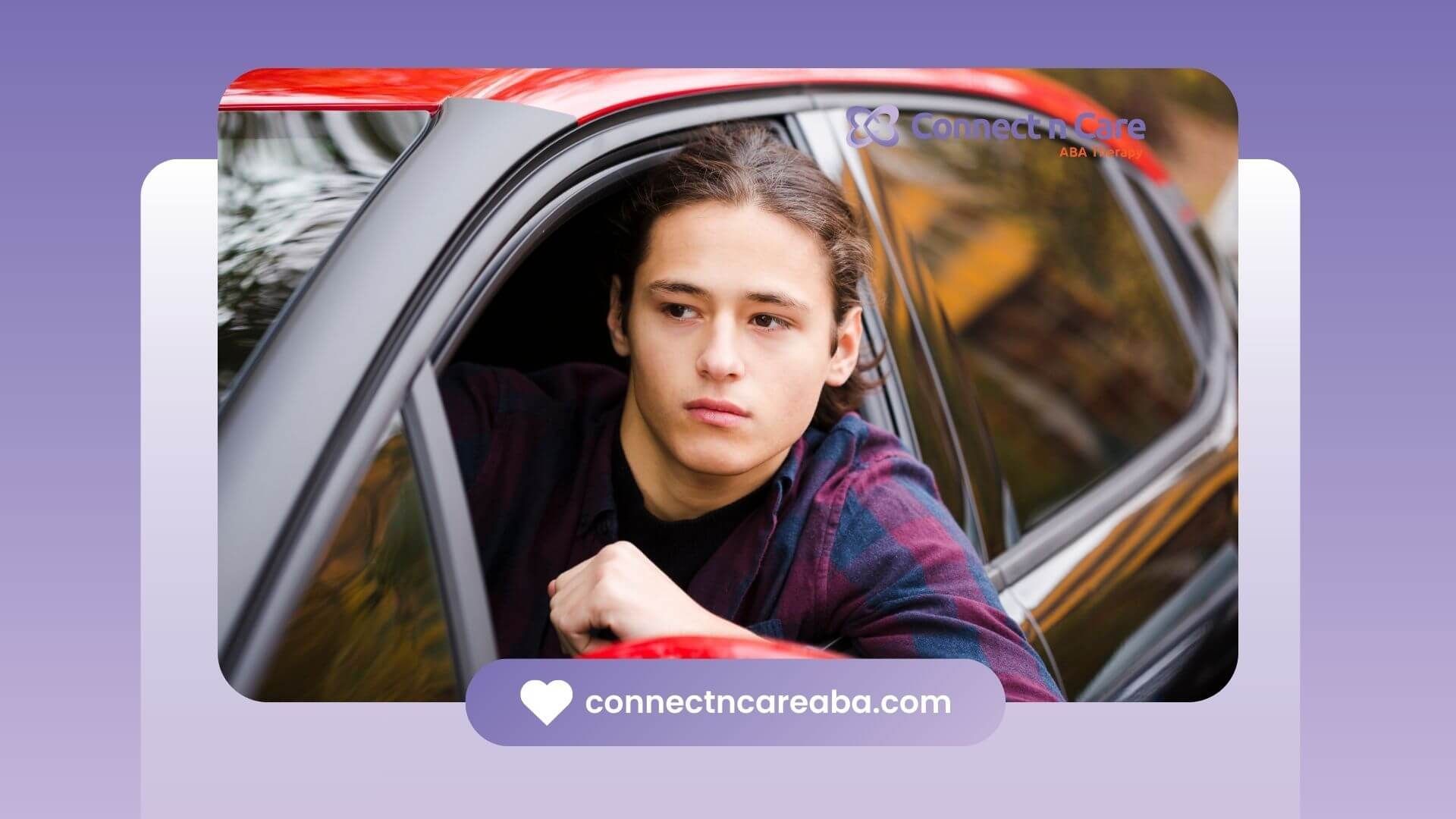 An autistic boy gazing out the car window, lost in thought after ABA therapy in North Carolina.