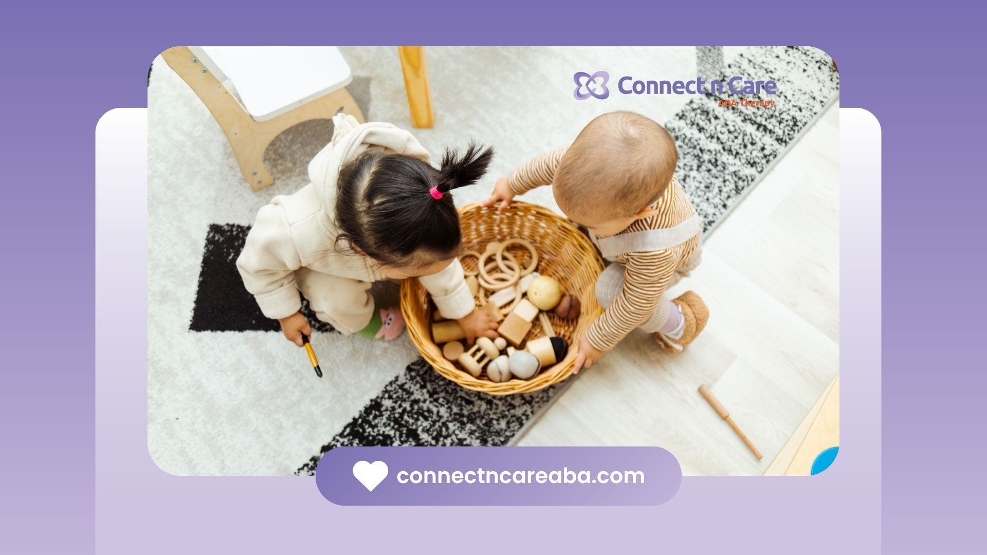 Two young children playing with wooden toys in a basket.