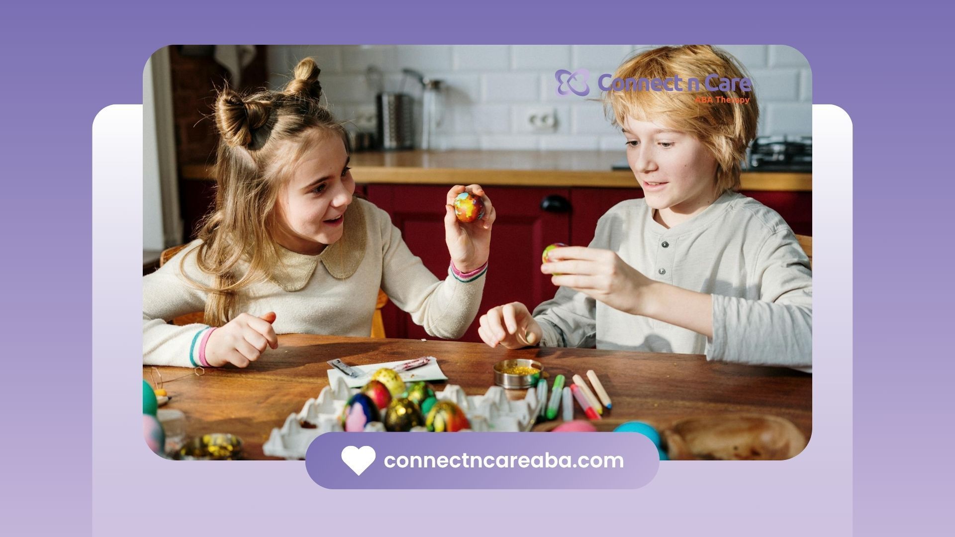 Two autistic children decorating colorful Easter eggs at a table during ABA therapy session in NC.