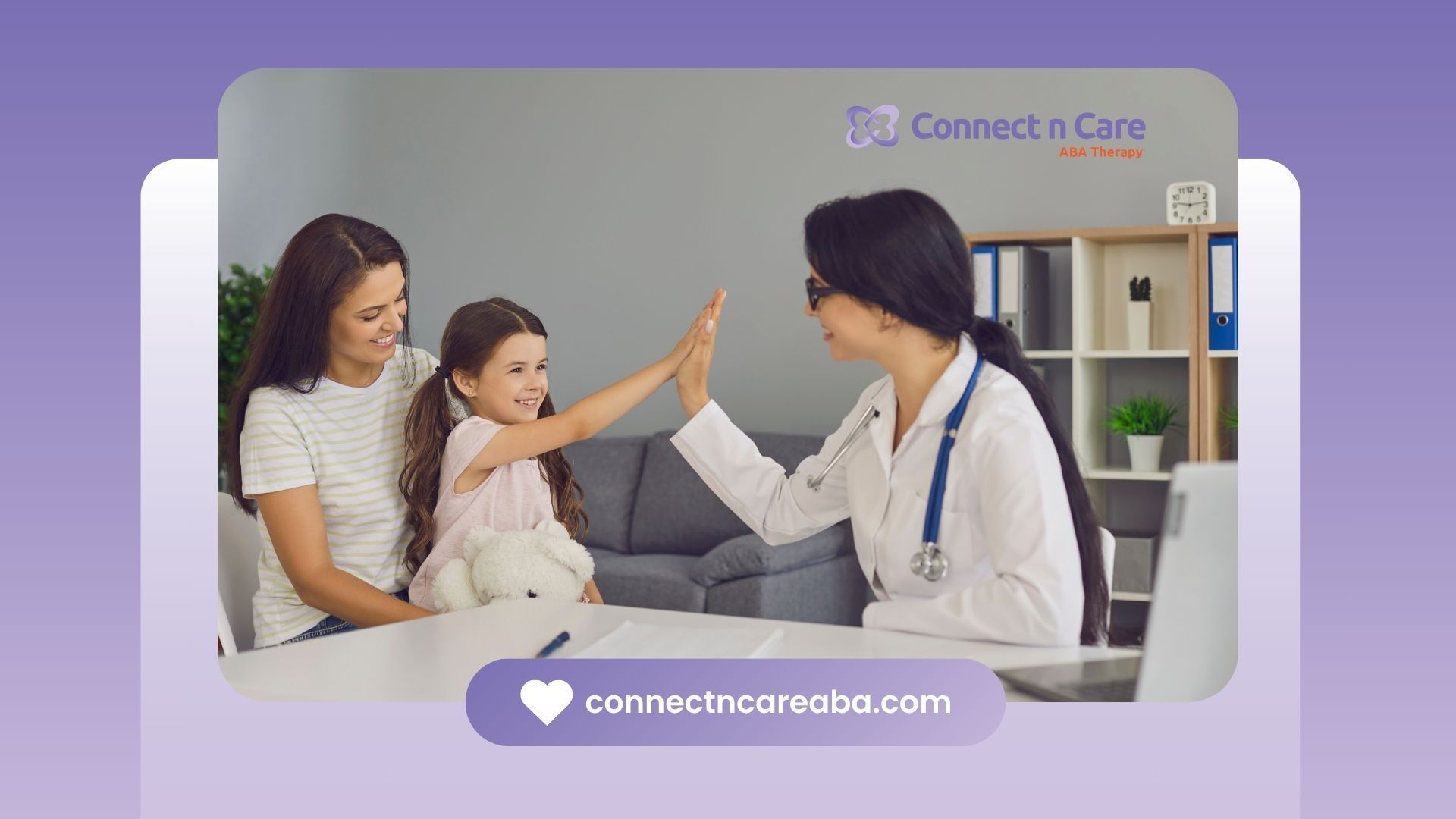 A doctor is giving a high five to a little girl and her mother.