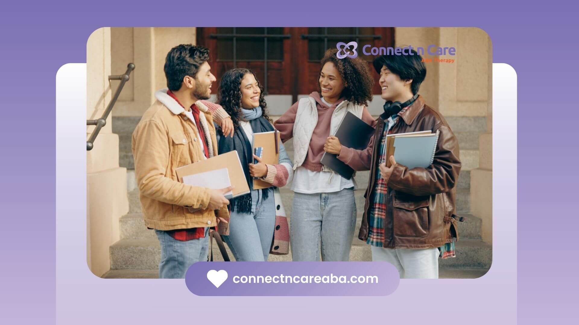 Group of college students with autism talking and smiling outdoors.