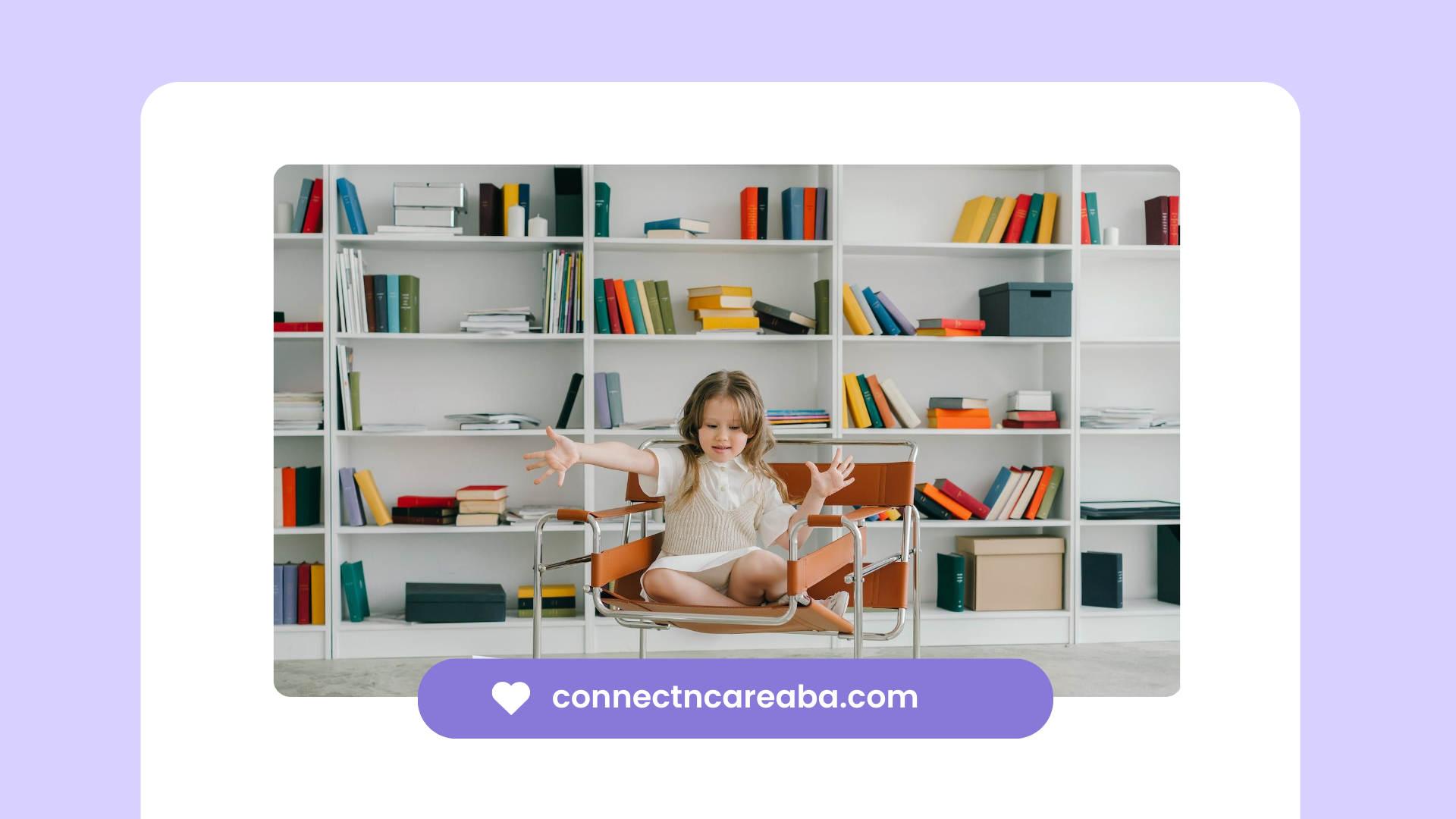 A little girl sitting on a chair in front of a bookshelf