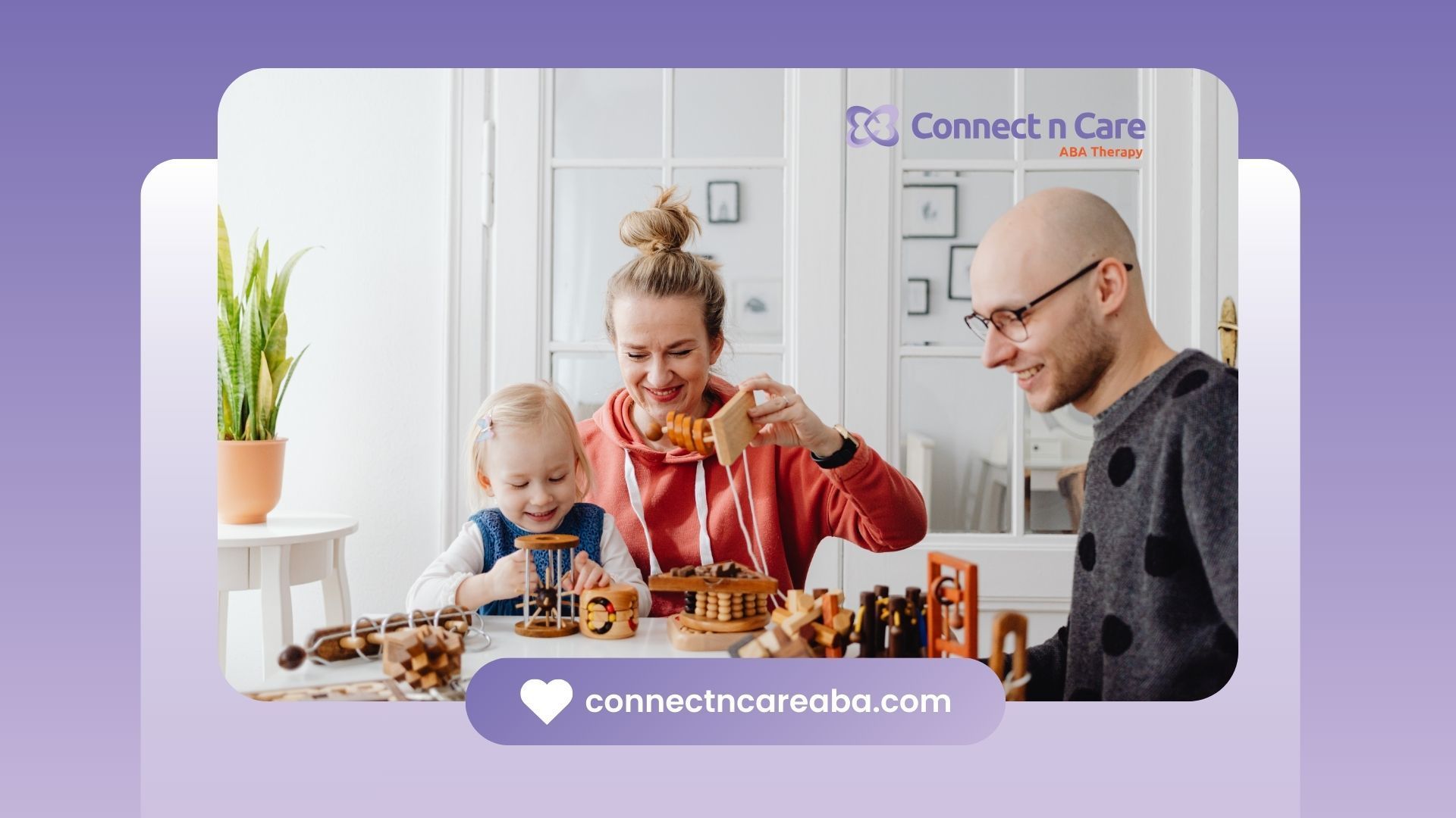 Family crafting together indoors; smiles, wooden toys, light room.