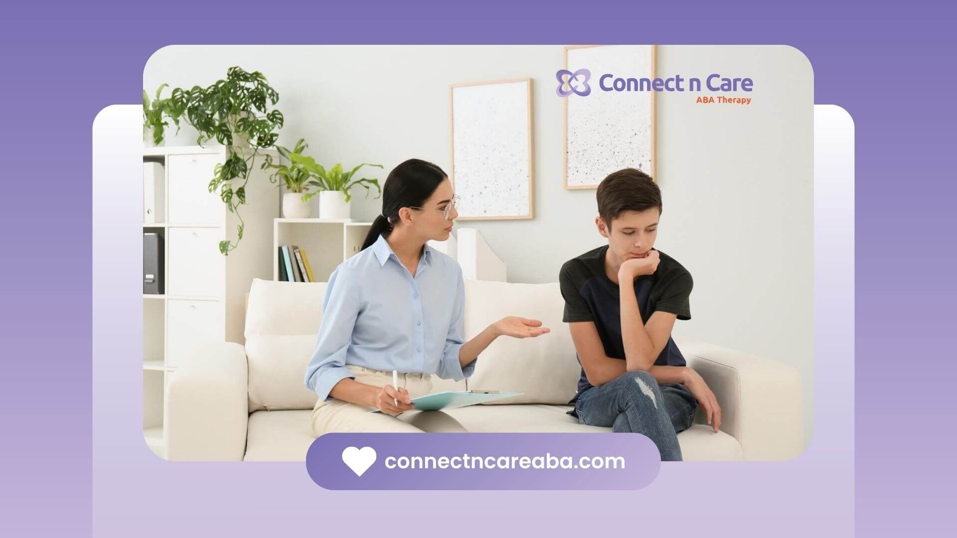 A female BCBA holding a clipboard and talking to a teenage boy with autism.