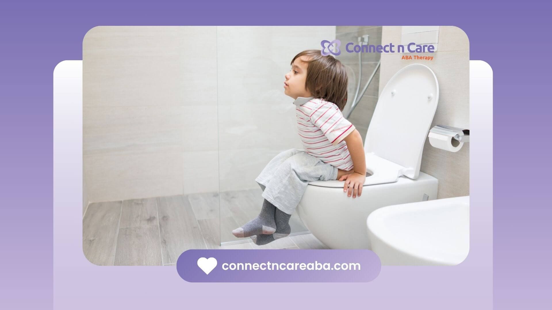 Young boy with autism sitting on a toilet during potty training.