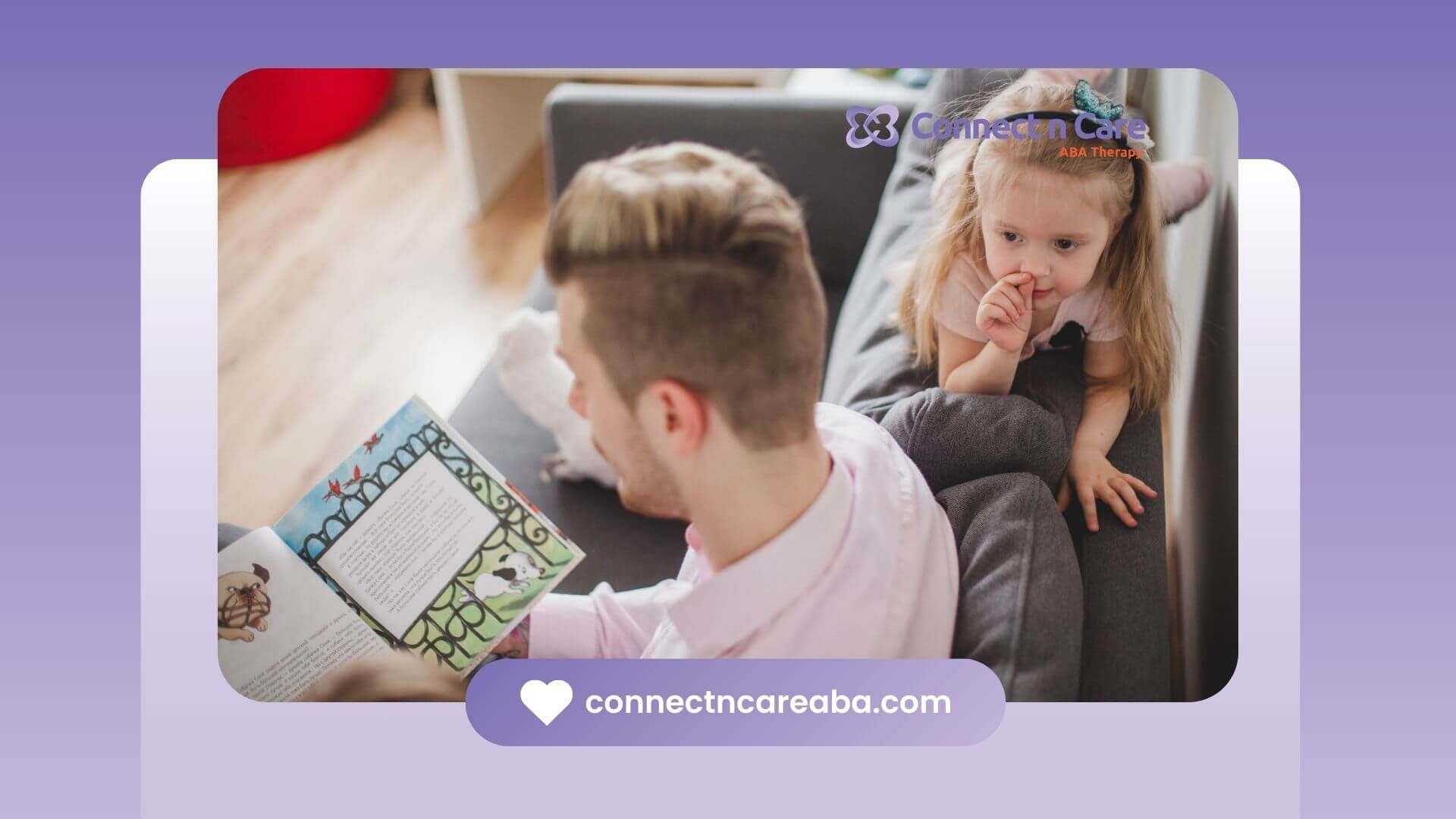 A therapist reading a book to the autistic young girl while she lies on the couch during therapy.
