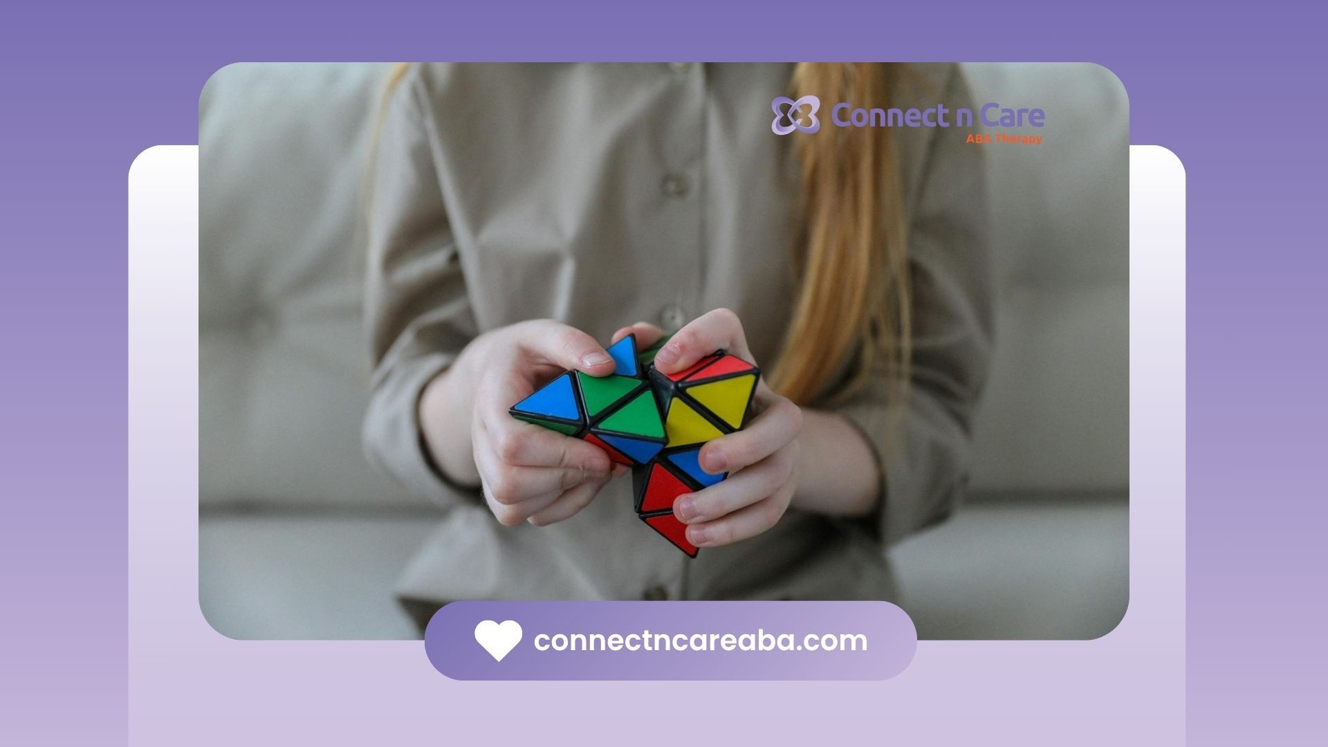 An autistic child solving a colorful triangular puzzle cube, showcasing her intelligence in NC.
