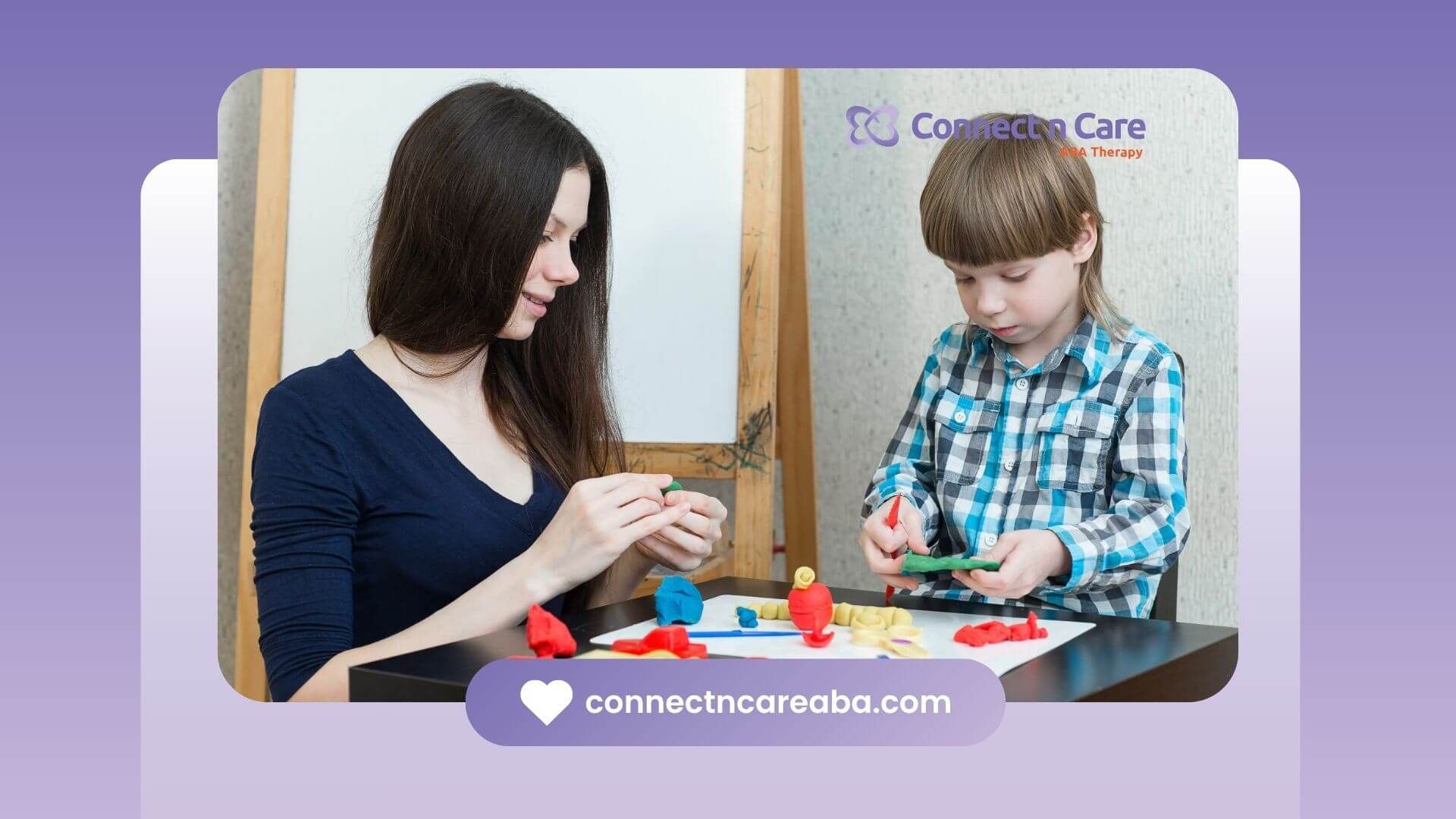 ABA therapist & autistic boy working with colorful clay to improve fine motor skills and engagement