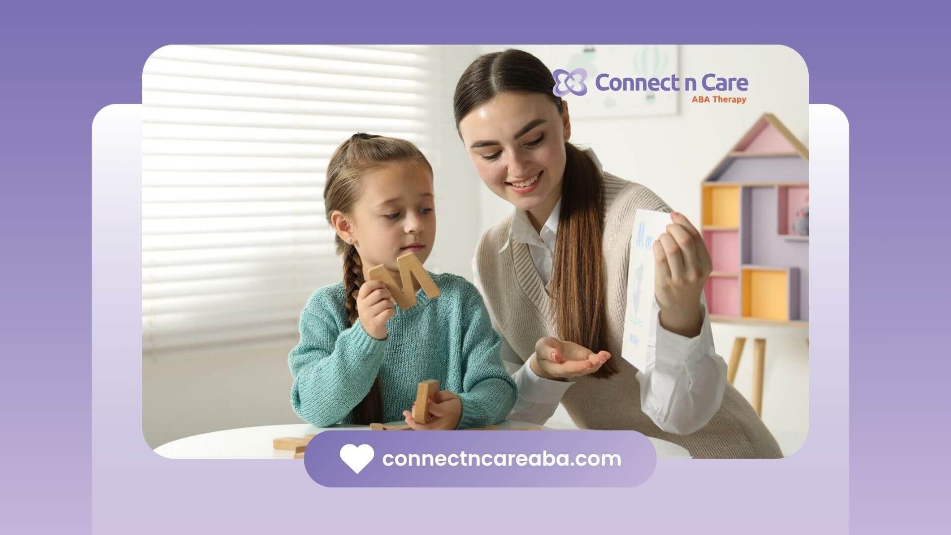 A BCBA and a little girl are playing with wooden blocks in ABA therapy.