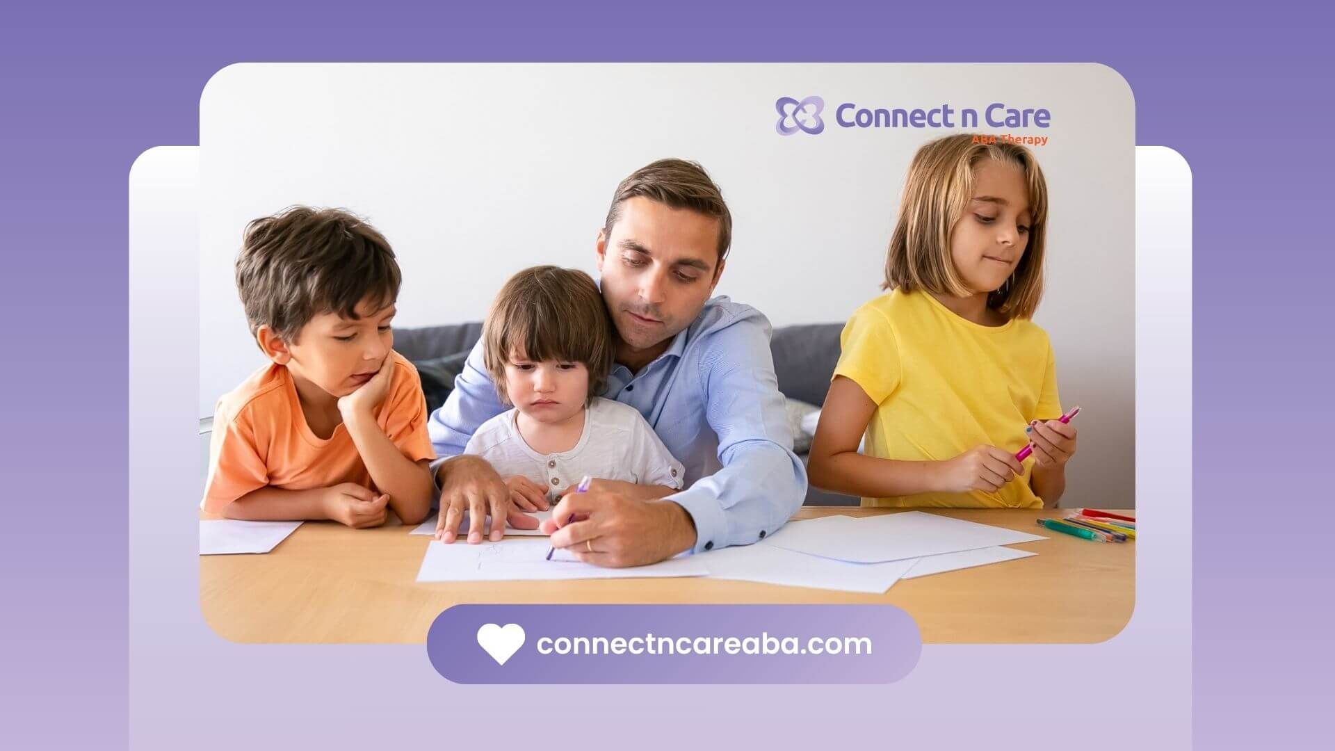 BCBA helping children draw and write at a table at home.