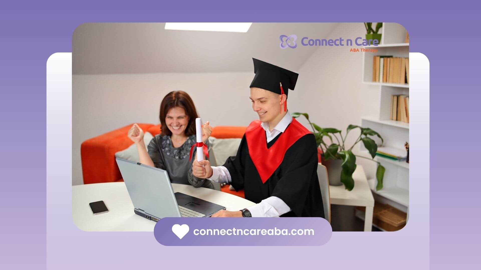 A happy therapist wearing a cap and gown, holding a rolled-up diploma in one hand and smiling