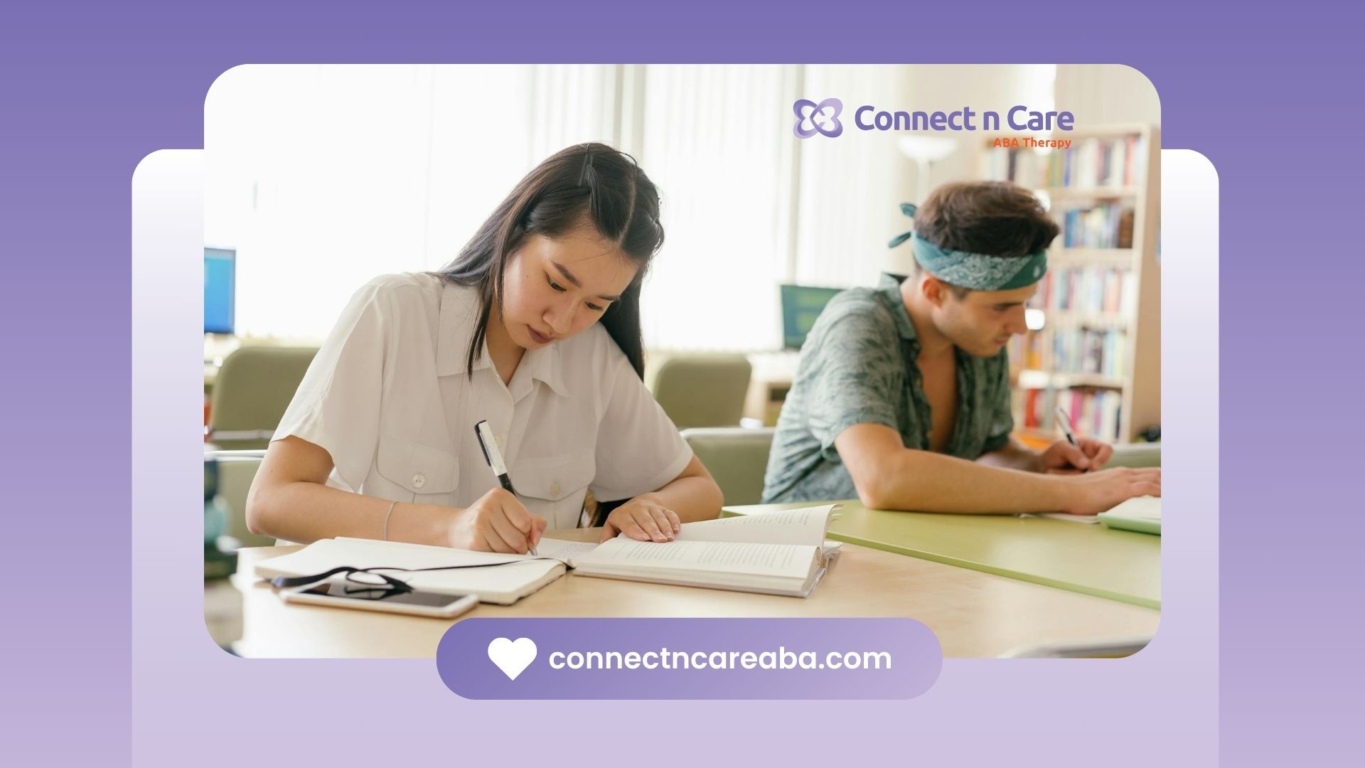 A woman in white shirt aspiring to be a BCBA writes in a notebook, while a man studies nearby in NC.