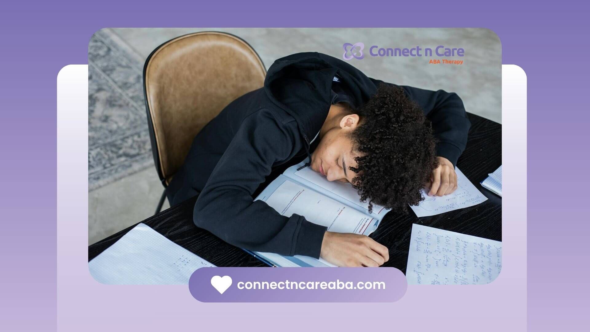 Tired ABA man asleep on an open textbook surrounded by notes and papers in North Carolina.