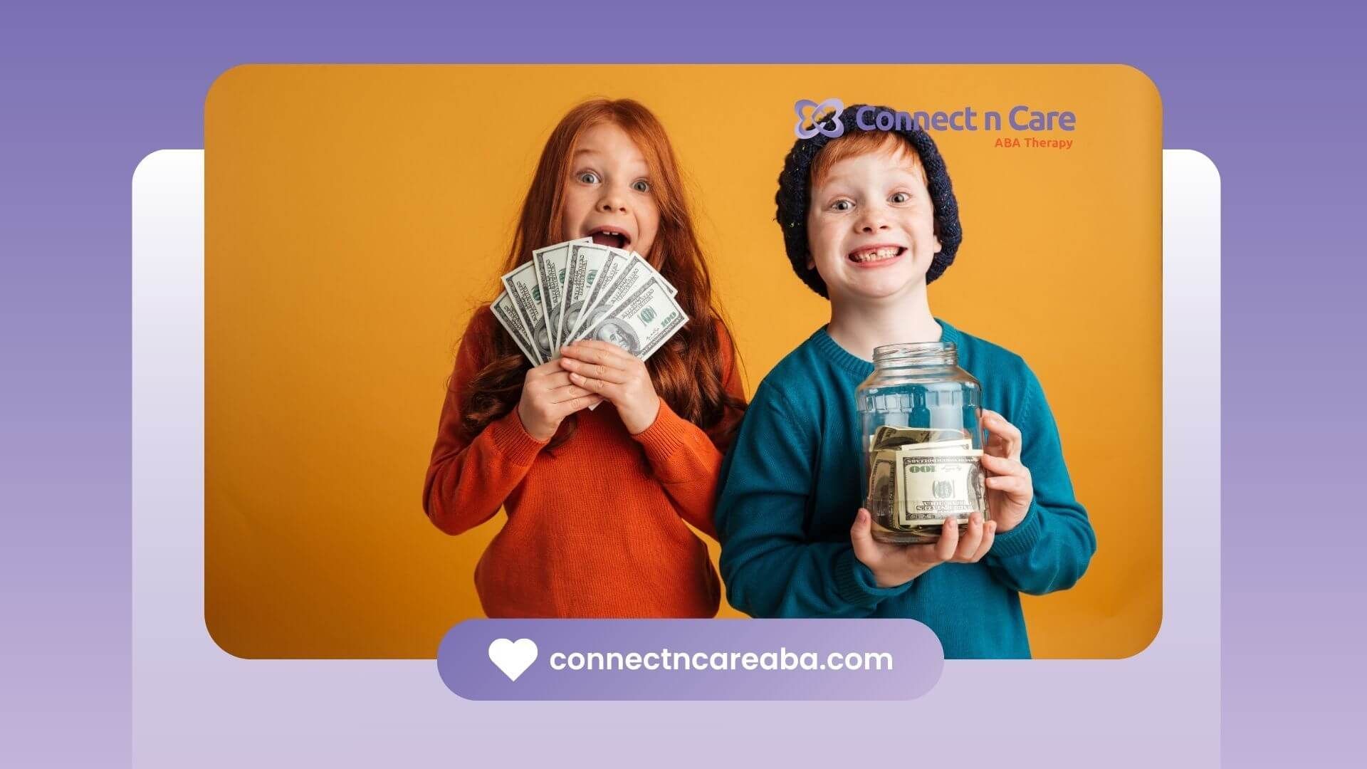 Two autistic kids excitedly showing cash and a jar of money, smiling happily after ABA therapy.
