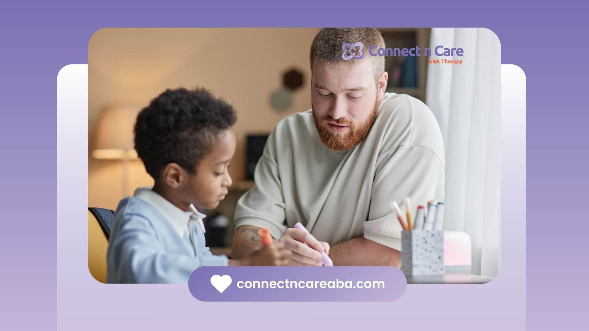 BCBA helping a young boy with homework using colorful markers at a desk during ABA therapy.