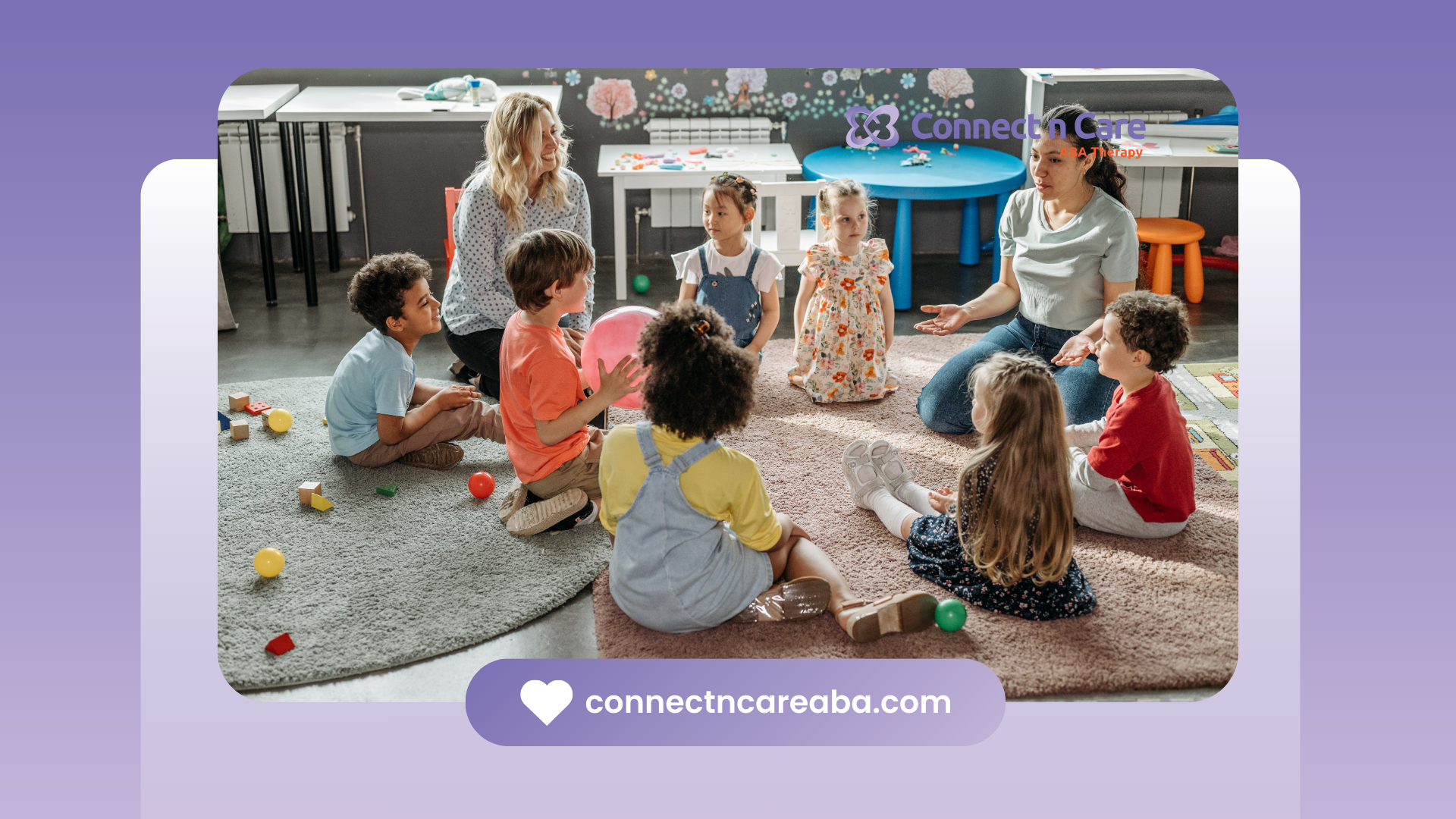 Children and teachers in a circle on a rug, playing at a daycare.