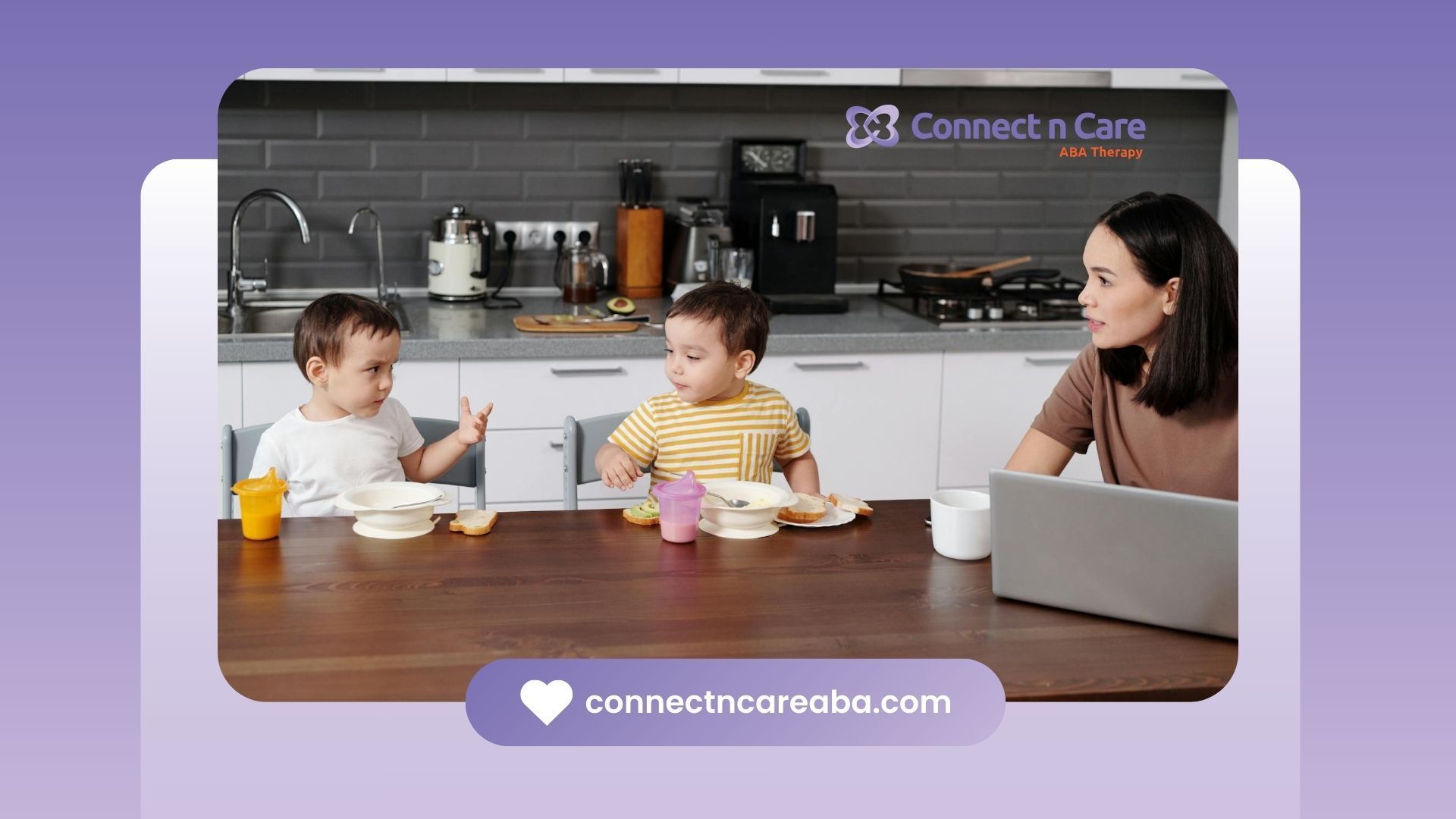 Autistic toddlers eating at the table with their mother as she tracks ABA therapy progress in NC.