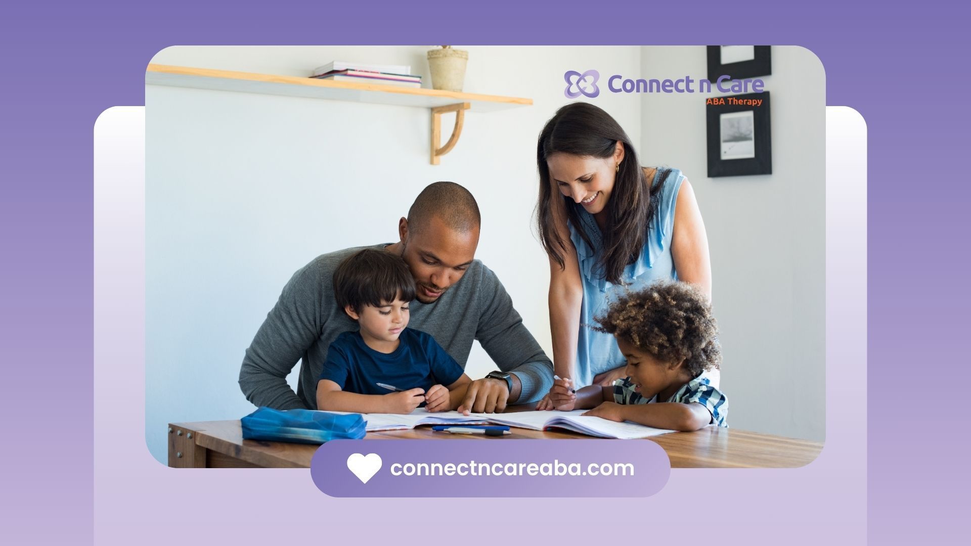 A family is doing their homework together at a table.