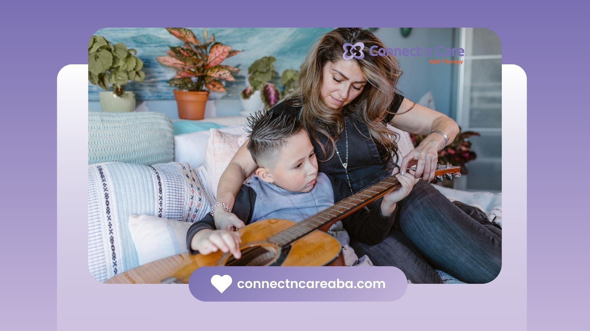 An RBT teaching a young autistic boy to play acoustic guitar during ABA therapy in North Carolina.