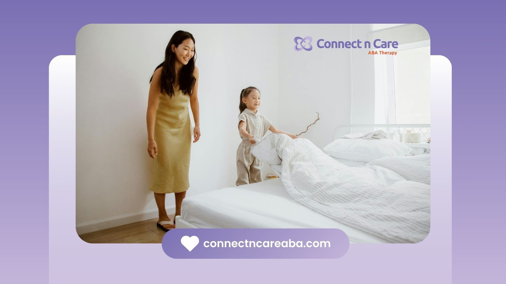 An RBT and autistic kid making a bed together in a bright room during in-home ABA therapy in NC.