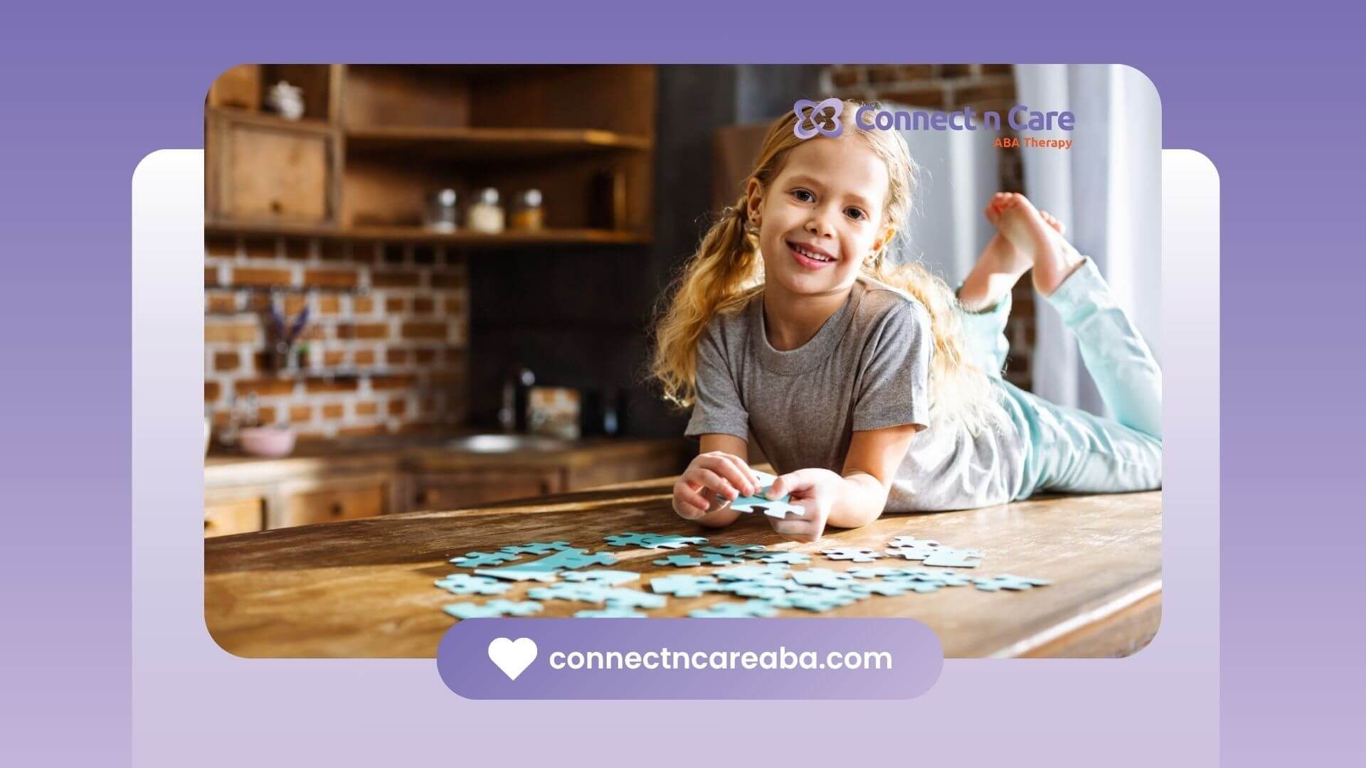 A young girl with autism happily assembling a puzzle on a kitchen counter.