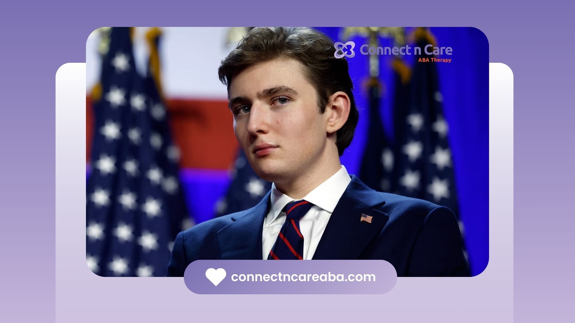 A young man in a suit and tie is standing in front of an american flag.