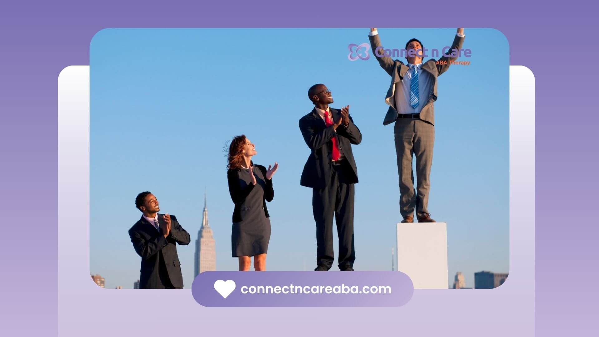 A group of therapists dressed in formal attire, standing on podiums with a man celebrating success