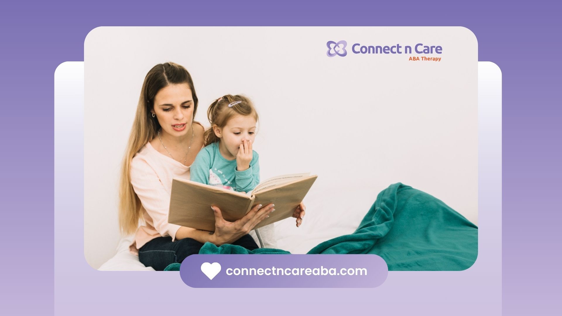 A woman is reading a book about ABA therapy while her autistic child sits on her lap.