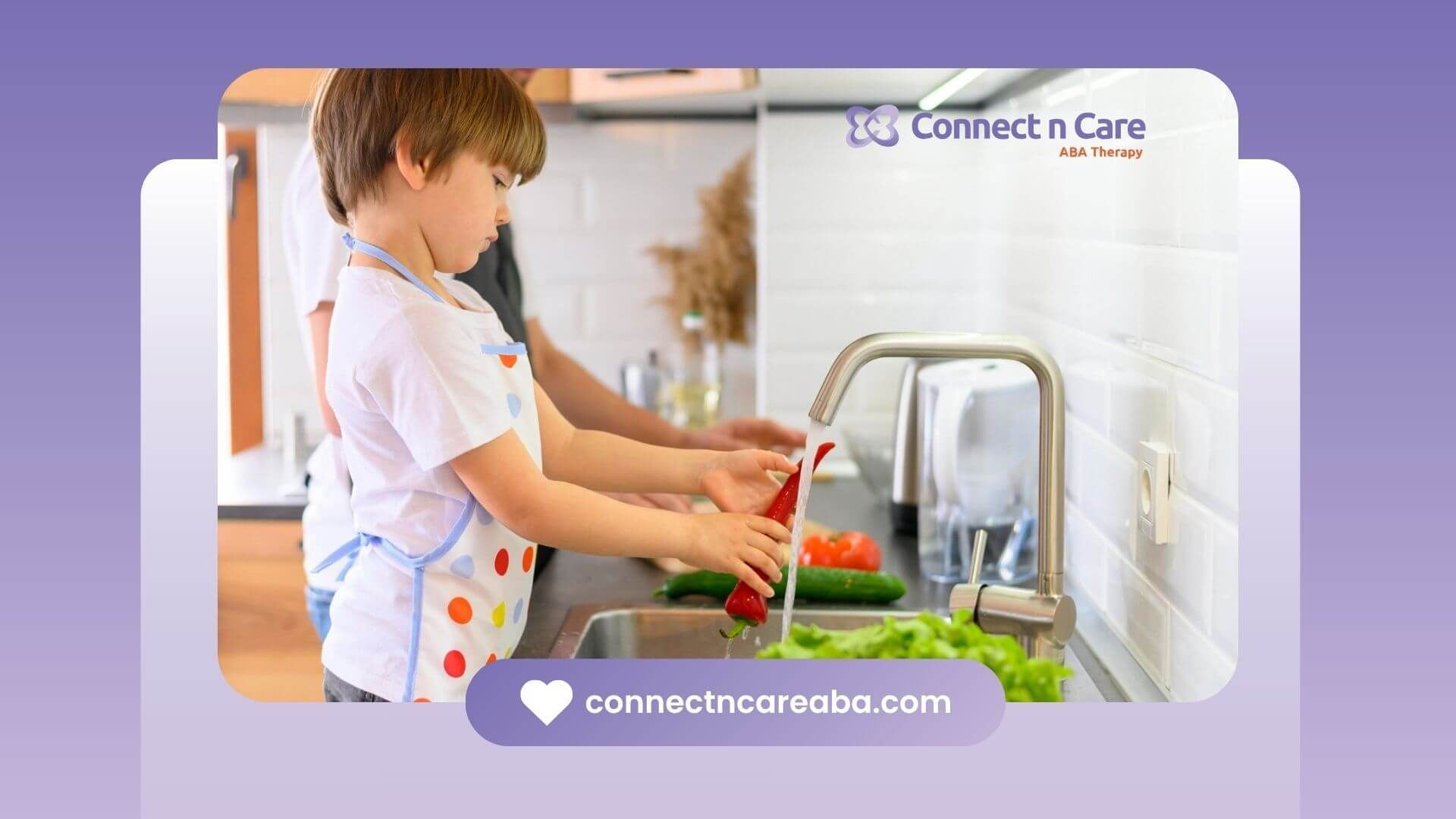 Child with autism washing a red pepper under the faucet with BCBA nearby.