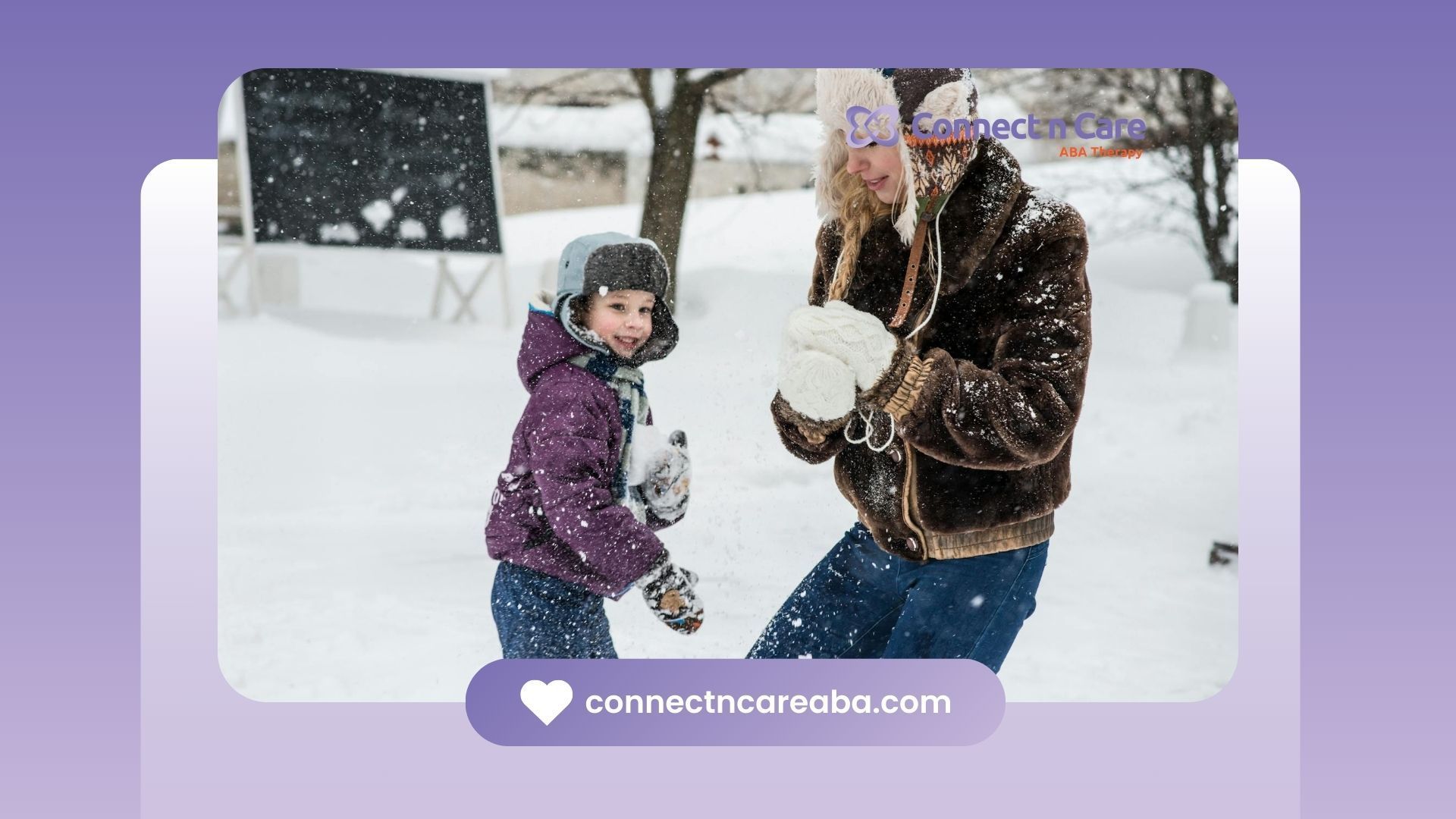 The mother and child with autism are having a snowball fight activity outdoors in North Carolina.