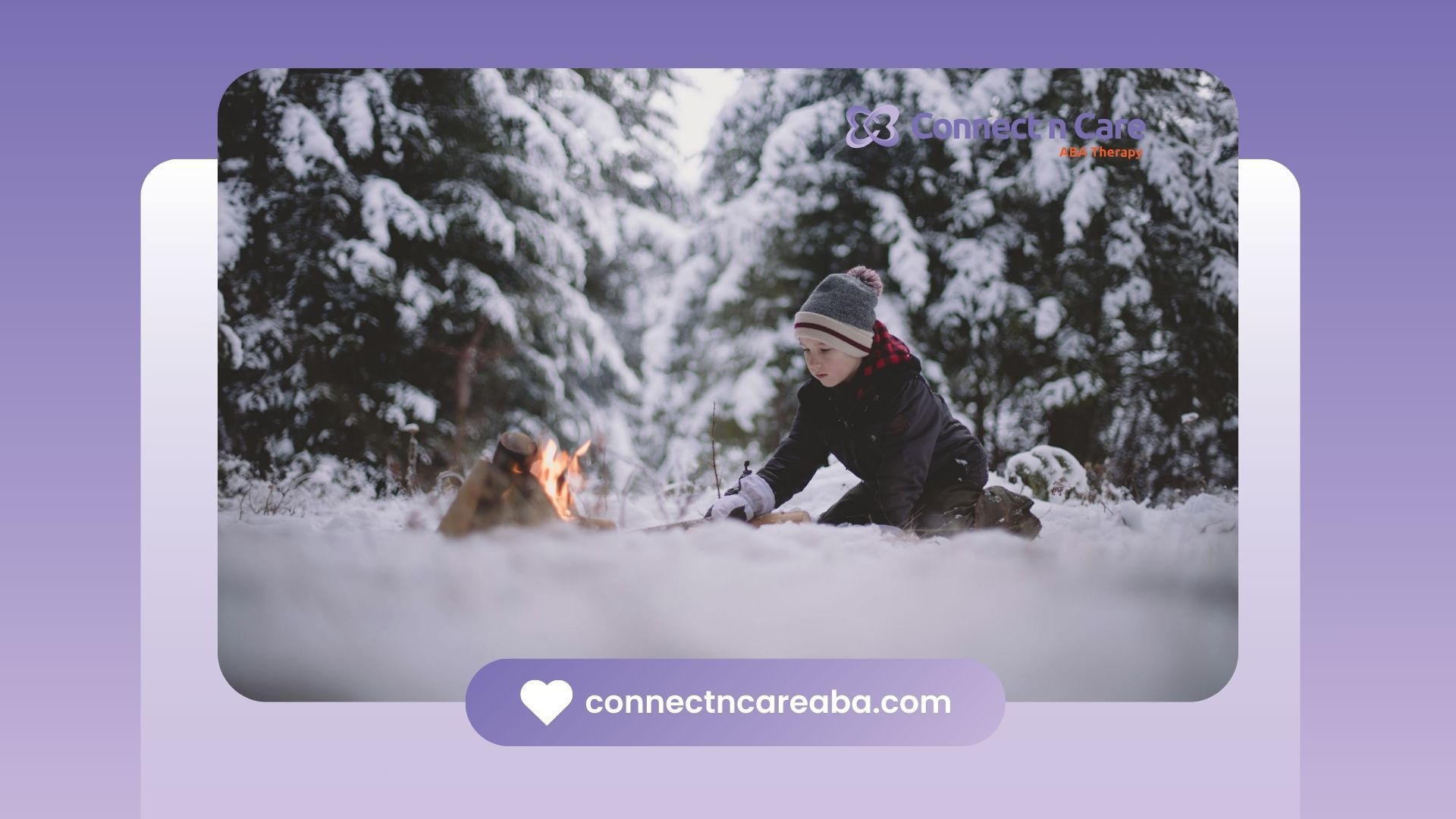 An autistic child starting a fire during a winter activity at a snowy forest in North Carolina.