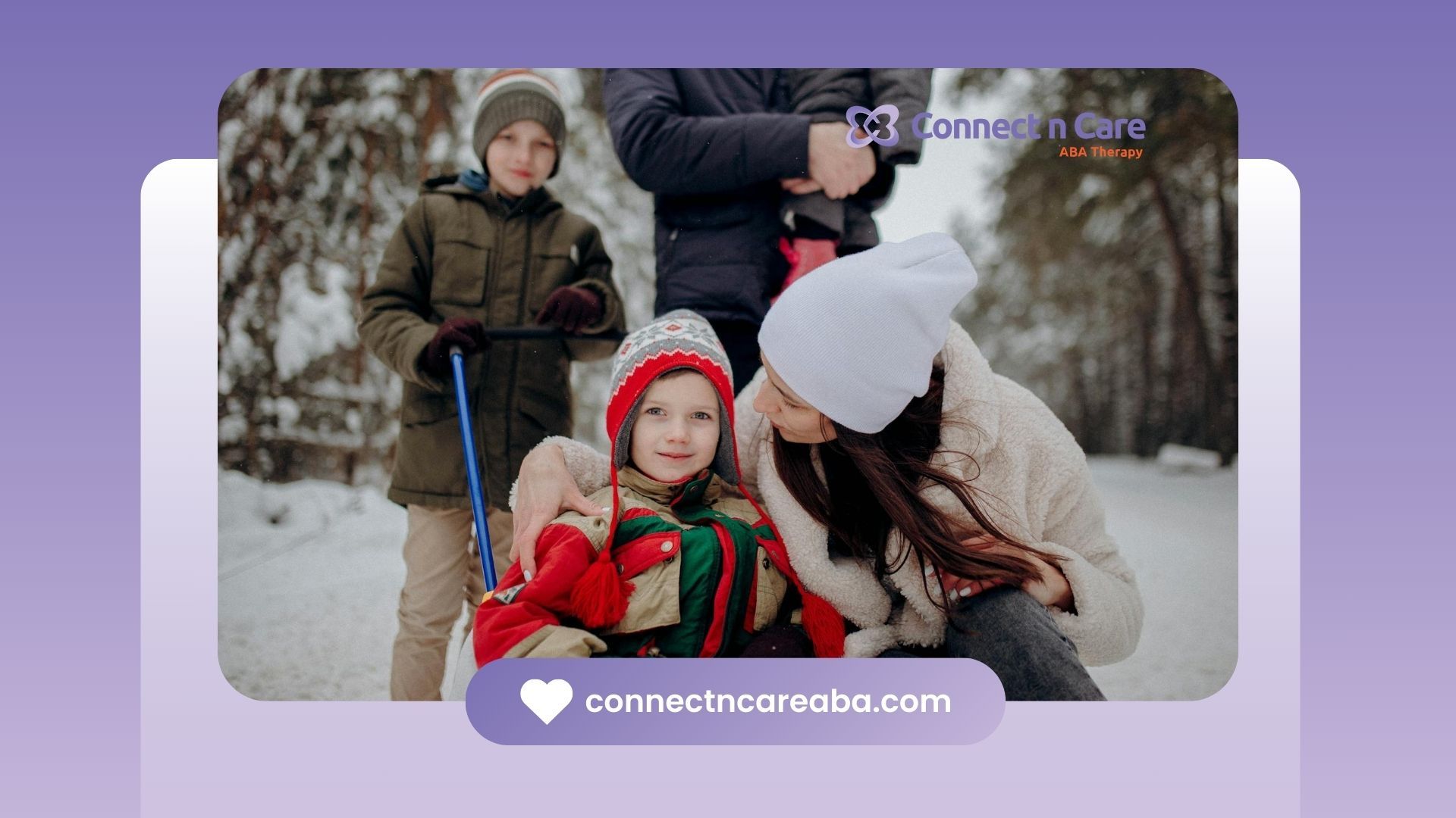 A mother embraces her warmly dressed autistic child while another child holds a sled in NC.