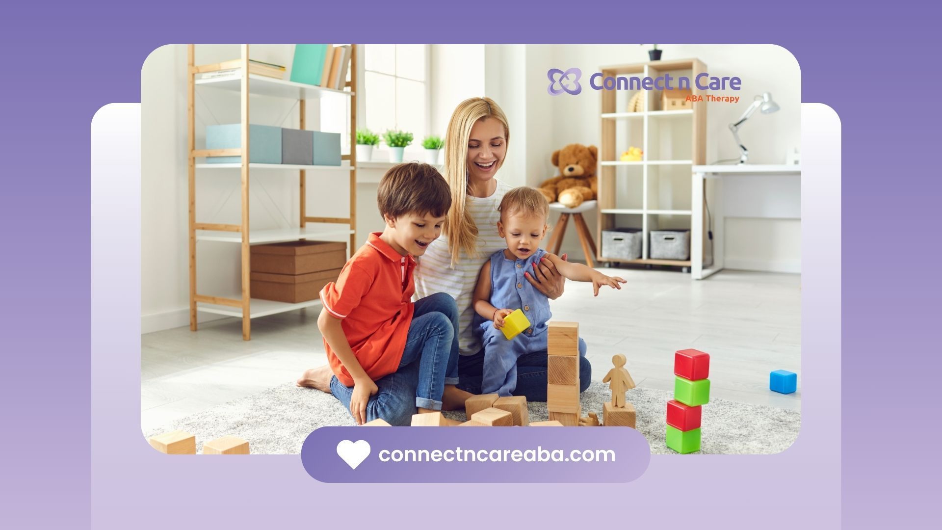 A woman and two children are playing with wooden blocks on the floor.