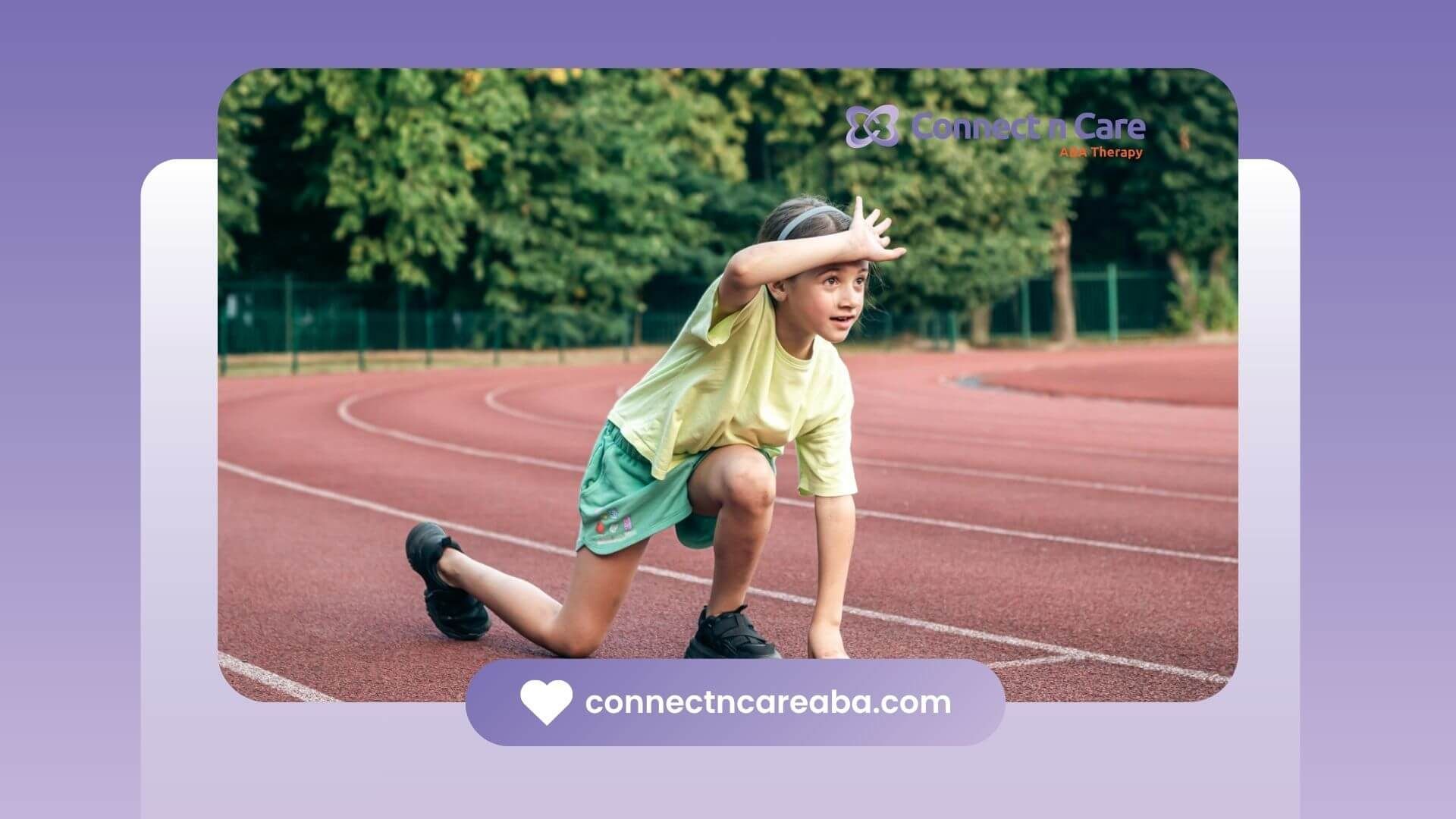 Girl with autism in sportswear on a running track.