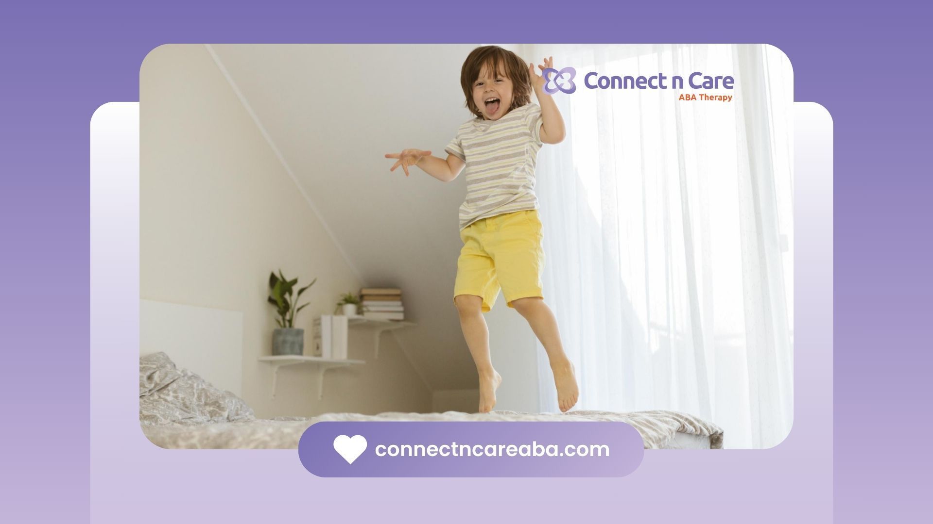 An autistic boy is jumping on top of a bed.