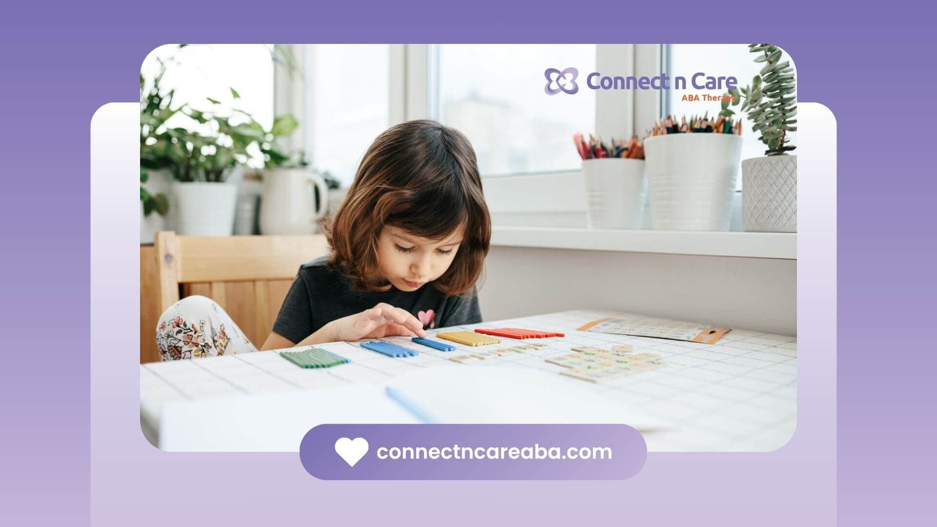 Young girl with autism arranging colored sticks at a table.
