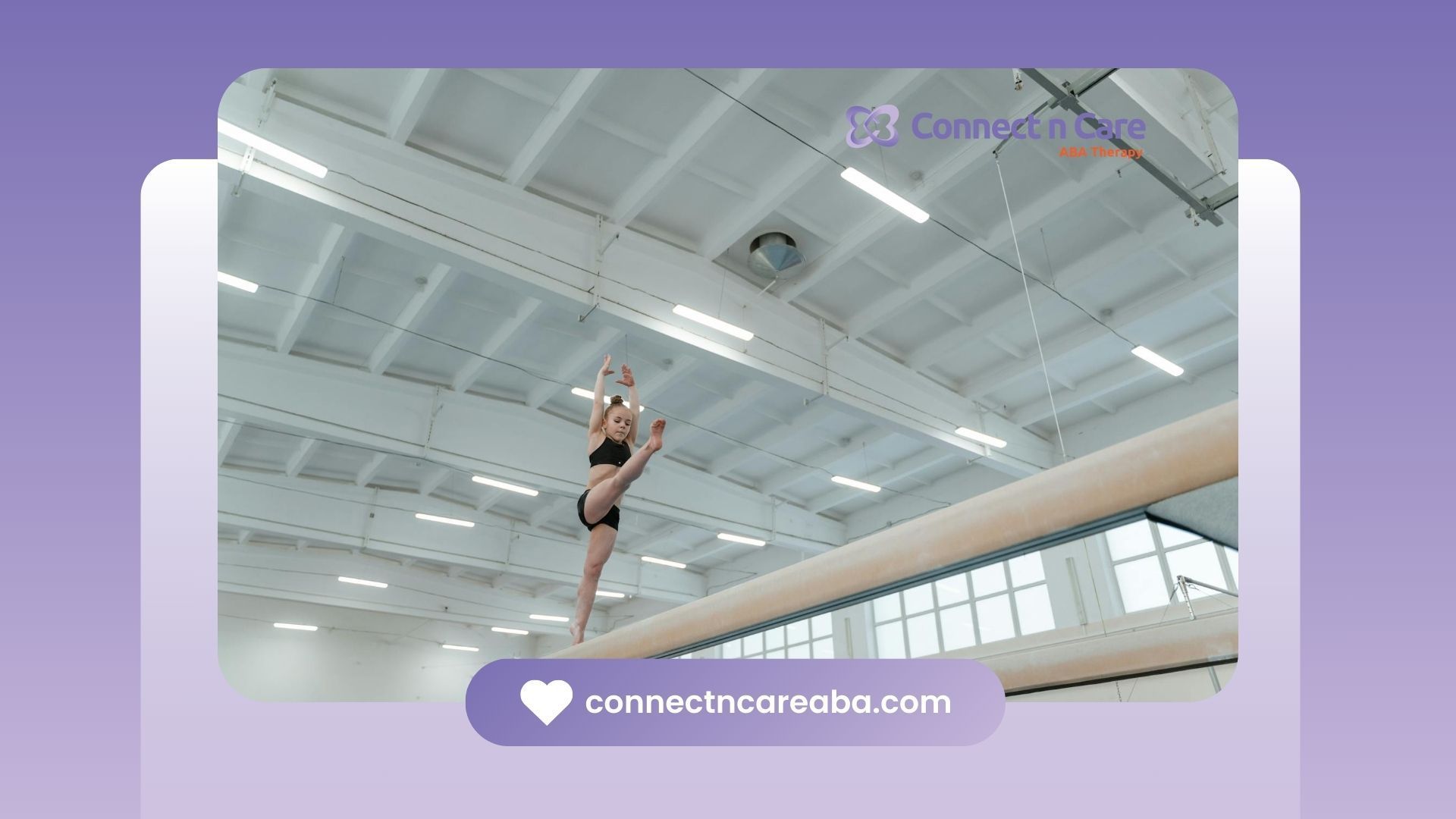 A gymnast with autism leaping on a balance beam in a brightly lit gymnasium in North Carolina.